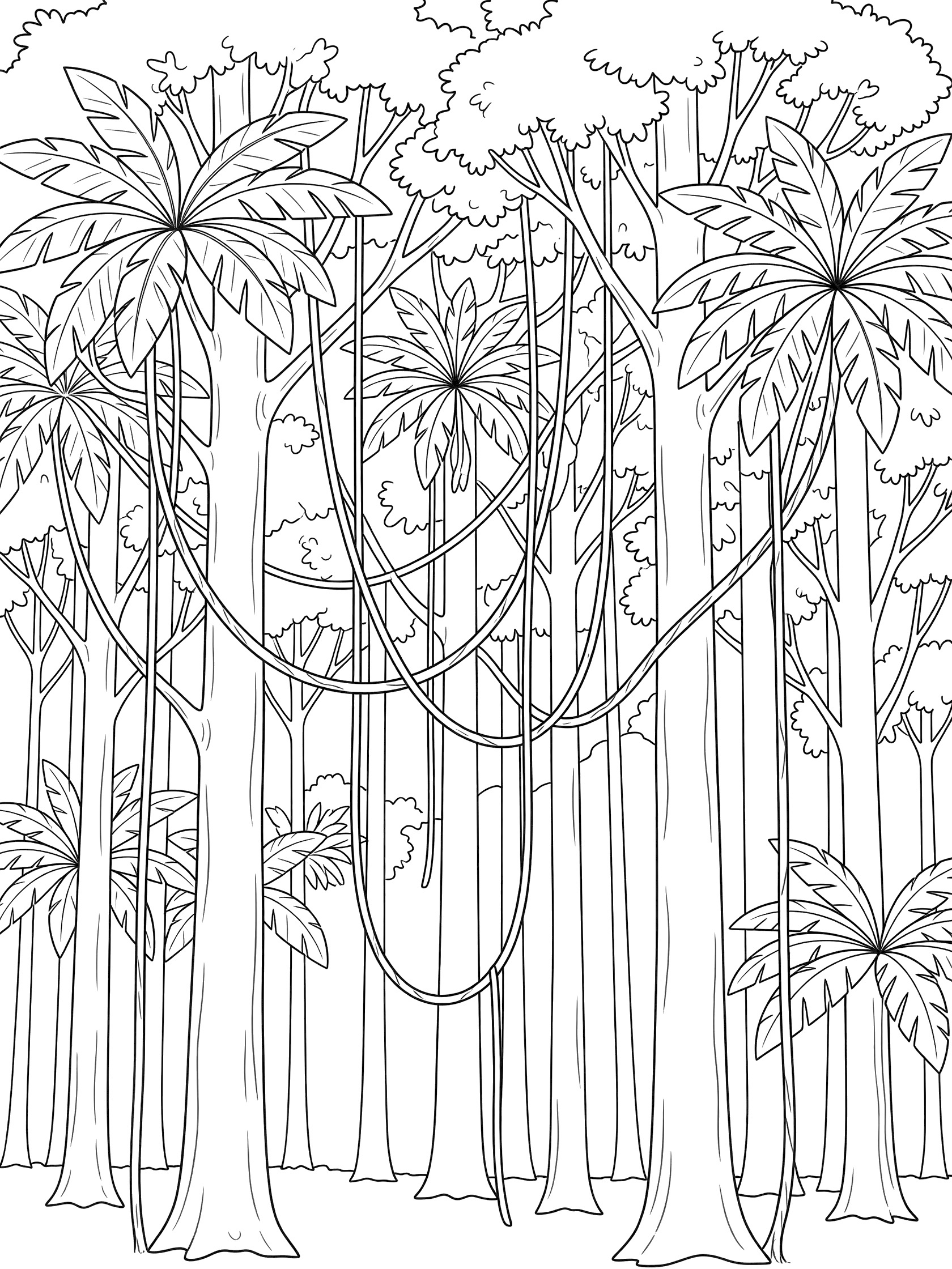 Black and white line art coloring page showing tall jungle trees with thick trunks, long hanging vines, and big palm-like leaves in a forest scene. Amazon themed black and white printable line art