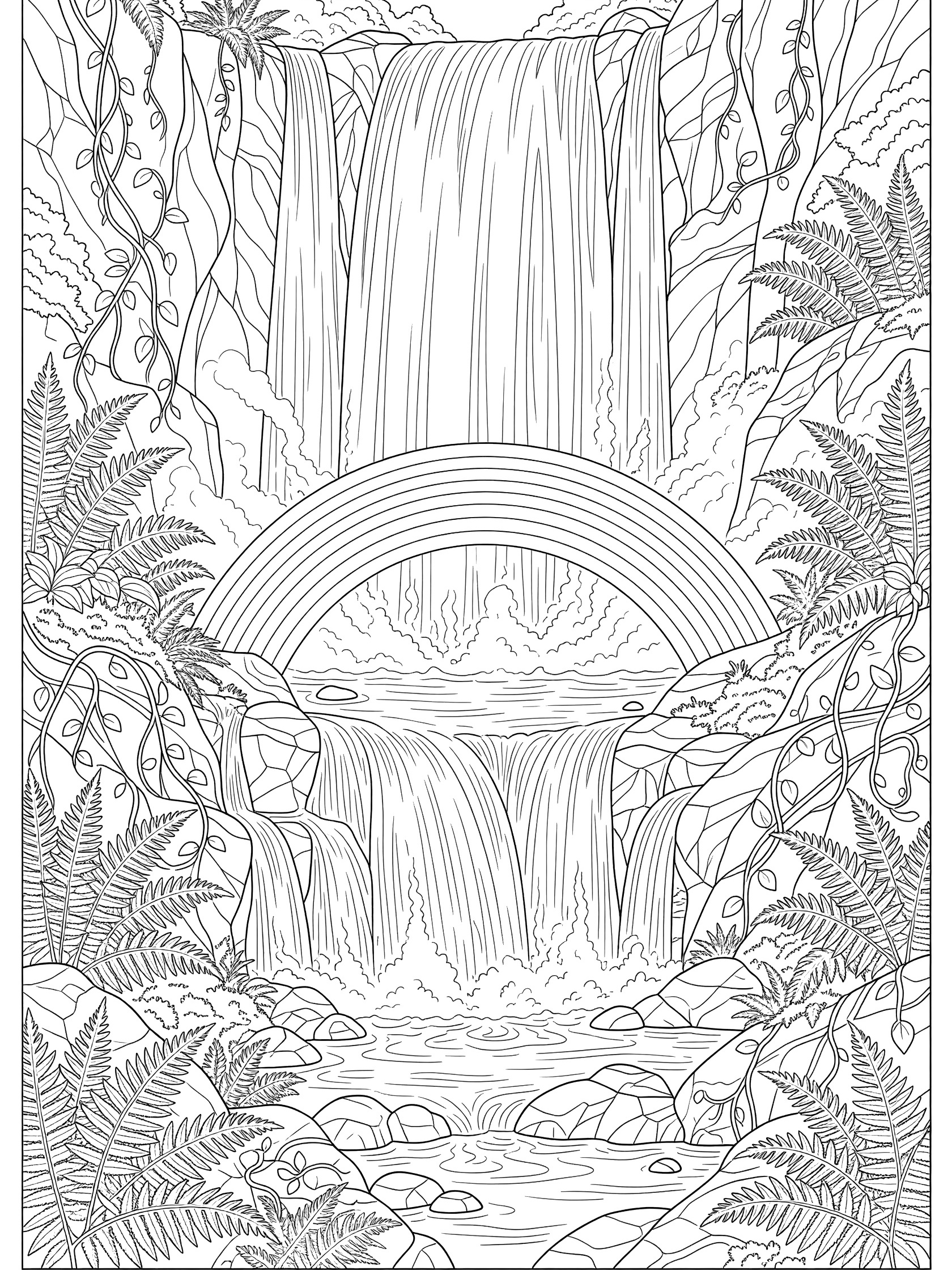 Black and white coloring page of a tall jungle waterfall cascading into a pool with a rainbow arch, surrounded by ferns and vines.