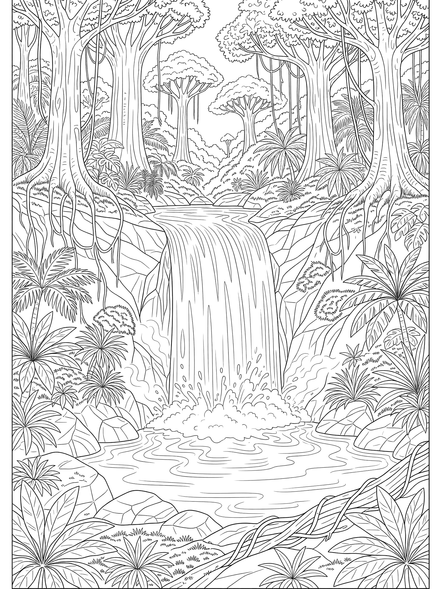 Black and white line art coloring page of a tall waterfall cascading over rocks into a pool, surrounded by jungle trees, vines, and ferns. Amazon themed black and white printable line art