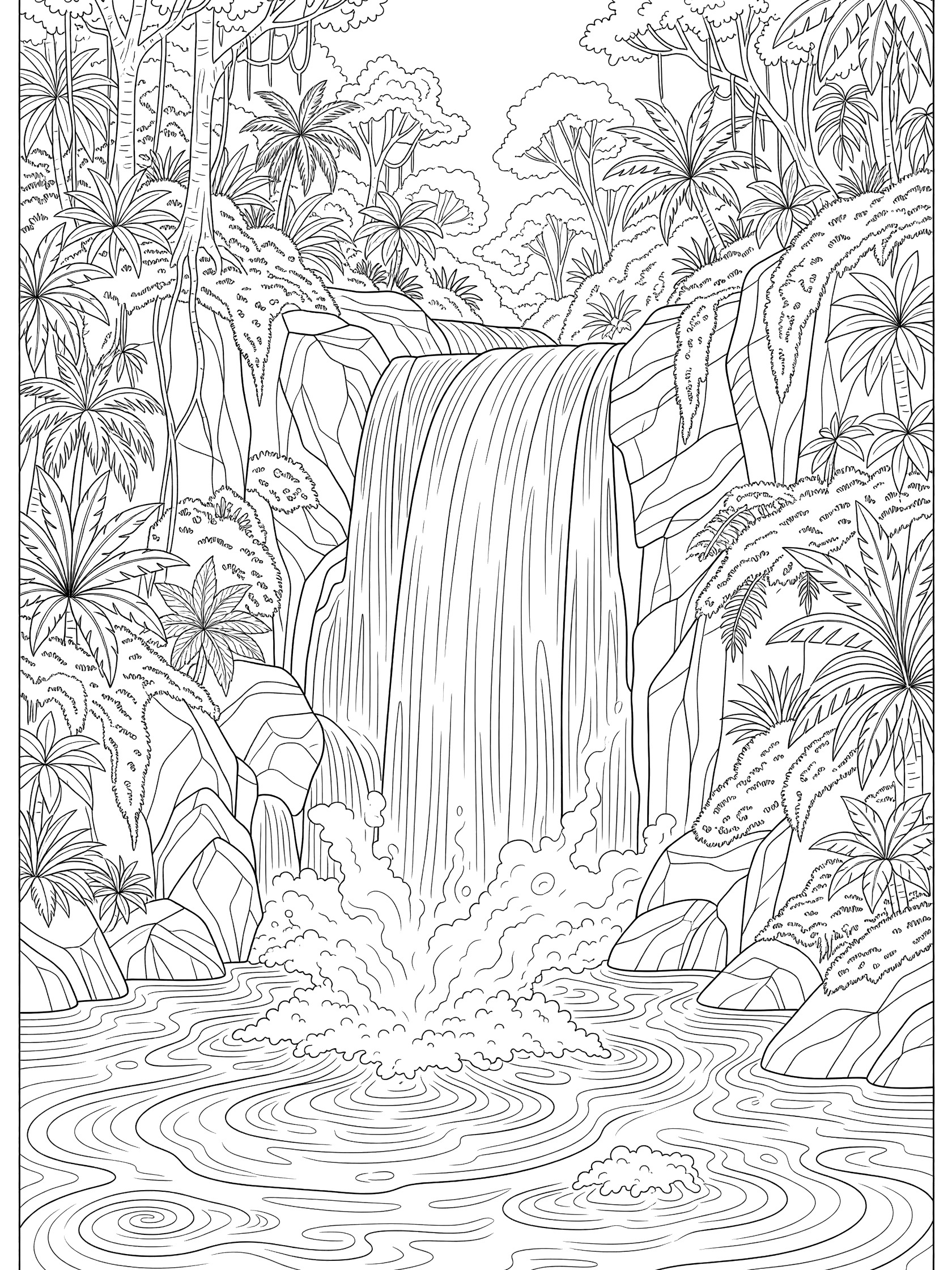 Black and white line art coloring page of a jungle waterfall cascading from rocky cliffs into a river, surrounded by palm trees and ferns. Amazon River themed black and white printable line art