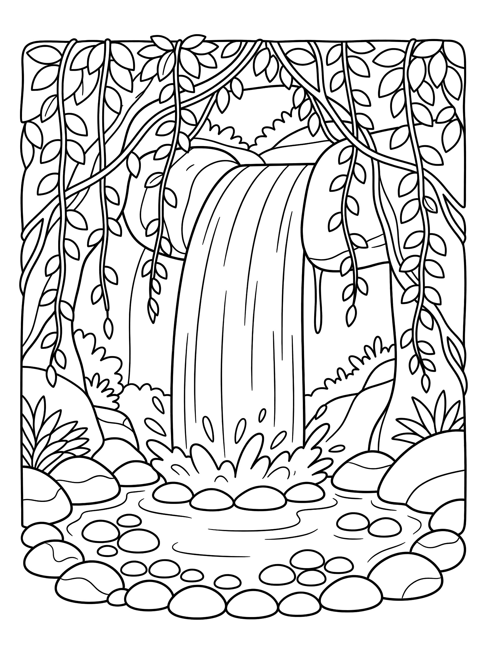Black and white line art coloring page showing a waterfall pouring through hanging vines and leaves into a round pond with pebbles and rocks in a jungle setting.