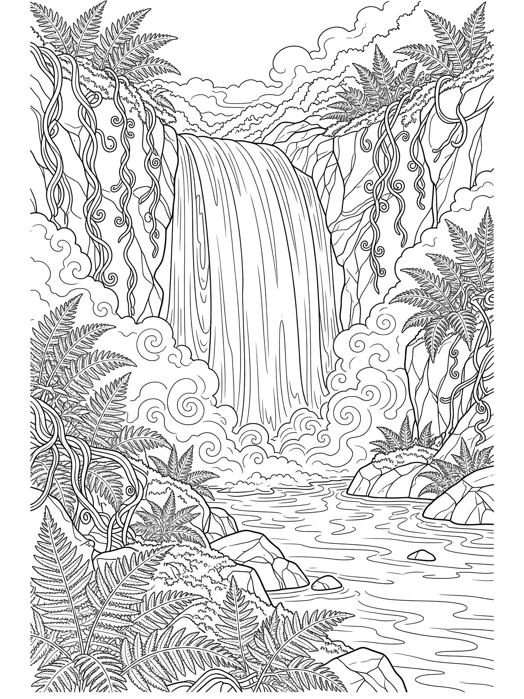 Black and white line art coloring page of a tall waterfall in a jungle with ferns, vines, rocks, mist, and a river at the bottom. Yangtze River themed black and white printable line art