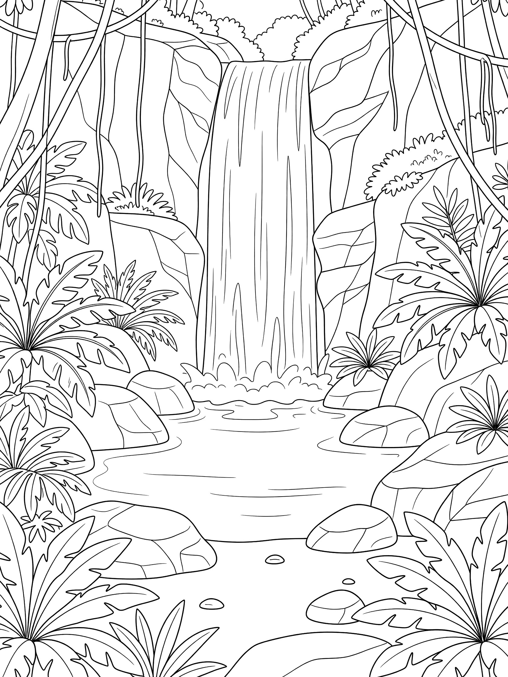 Black and white line art coloring page of a jungle waterfall flowing down rocks into a pool, surrounded by ferns, vines, boulders and trees. African Jungle themed black and white printable line art