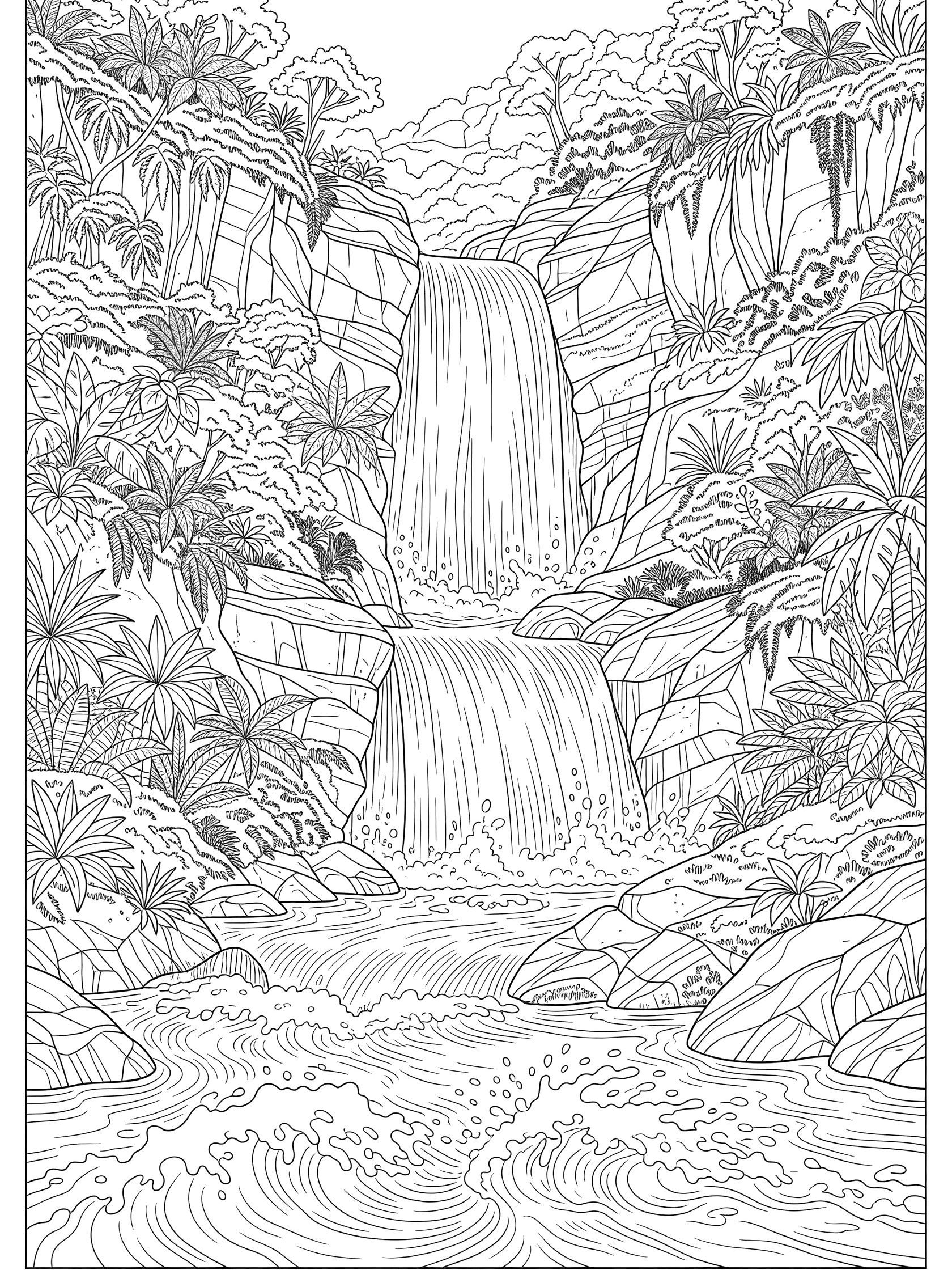 Black and white line art coloring page of a tall jungle waterfall flowing down rocks into wavy water, framed by thick leafy plants and trees. Ganges River themed black and white printable line art