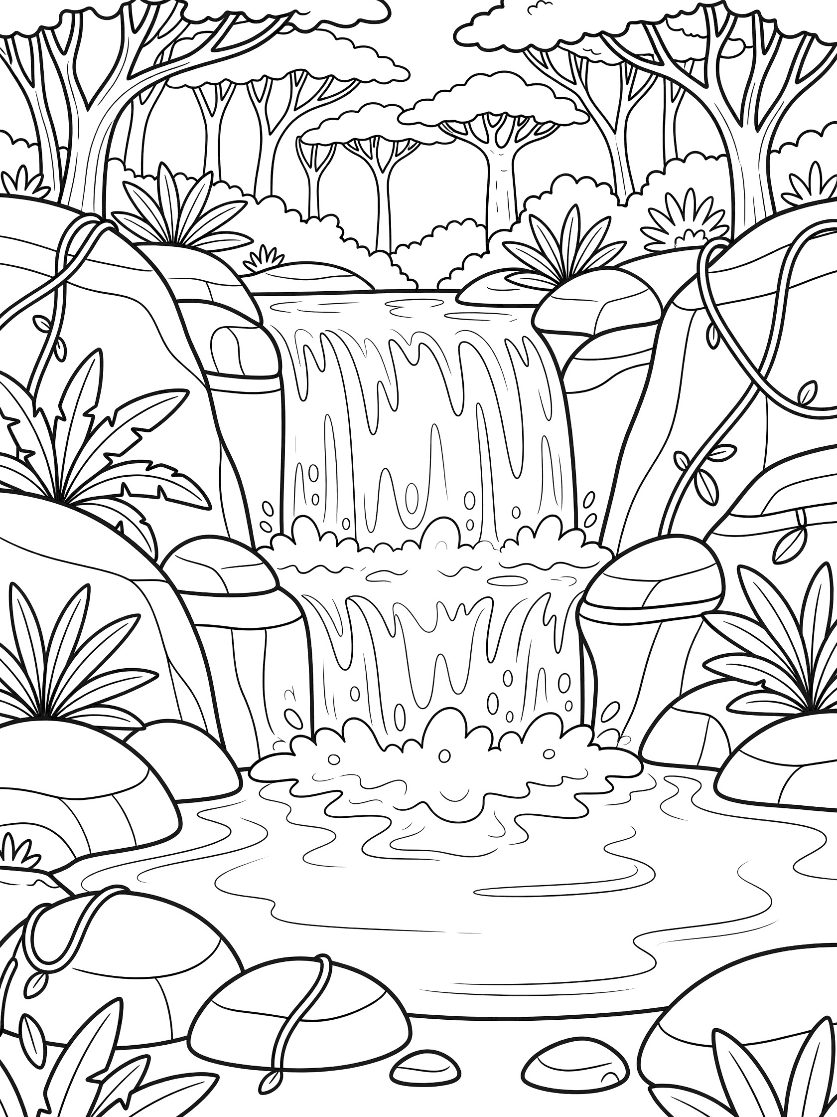 Black and white line art coloring page showing a tall waterfall flowing over rocks into a pool, surrounded by jungle trees, vines and plants. African Forests themed black and white printable line art