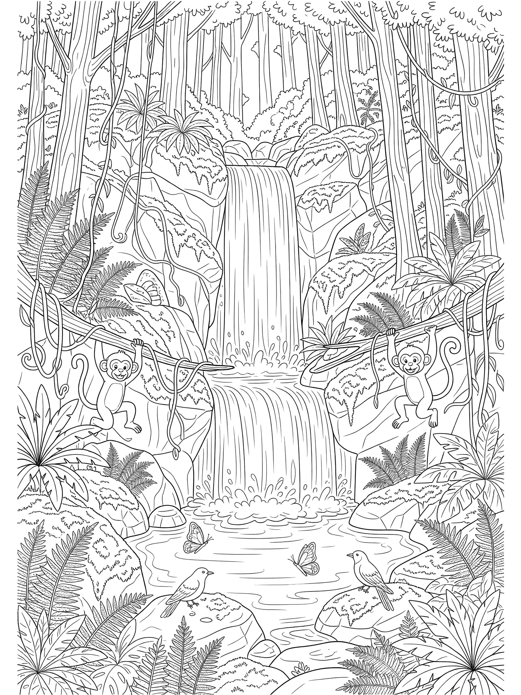 Whimsical line art coloring page showing a tall jungle waterfall over mossy rocks into a pool, with monkeys on branches, birds, butterflies, ferns, vines, and dense tree canopy.