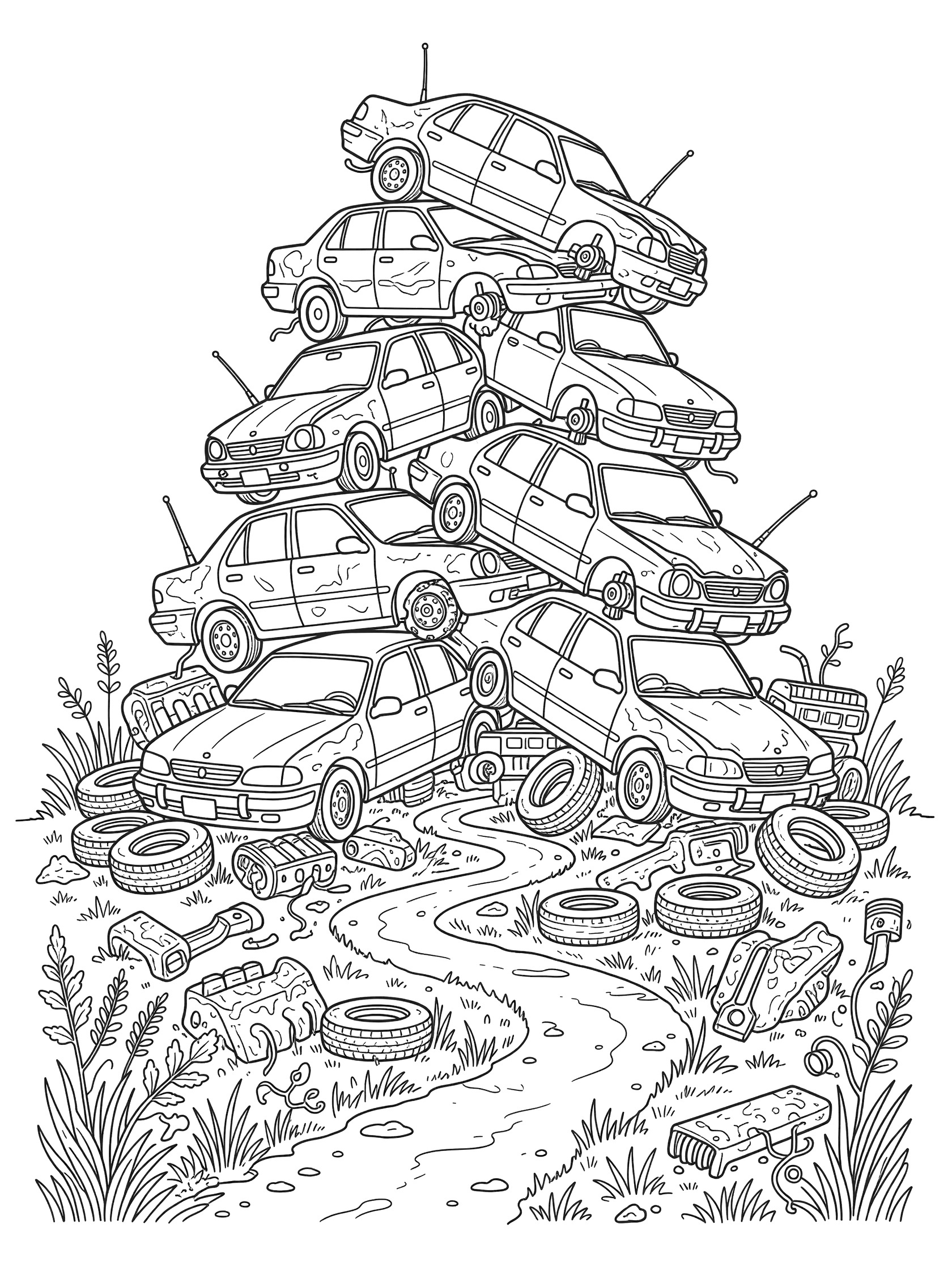 Line art coloring page showing a stacked pile of junk cars with bent fenders, missing wheels, tires, engine parts, weeds, and a path at the base