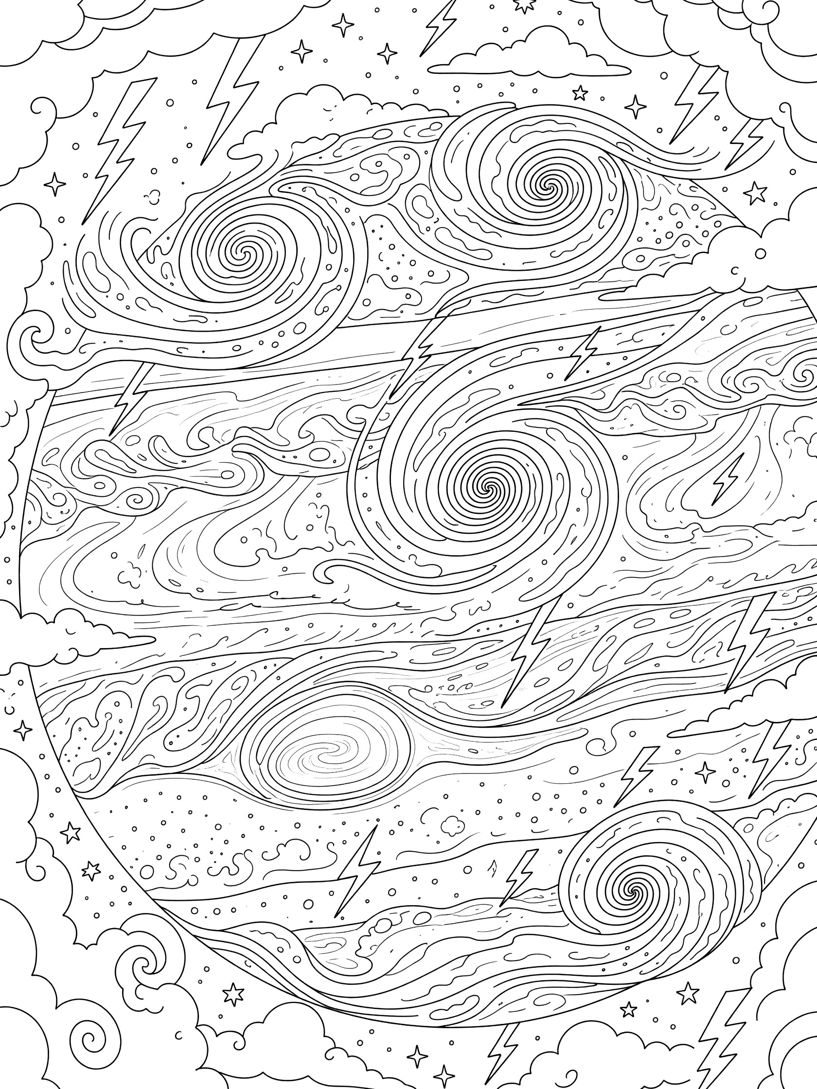 Whimsical line art coloring page showing Jupiter's turbulent atmosphere with swirling clouds, storm vortices, wind currents, lightning doodles, and galaxy stars in the background.