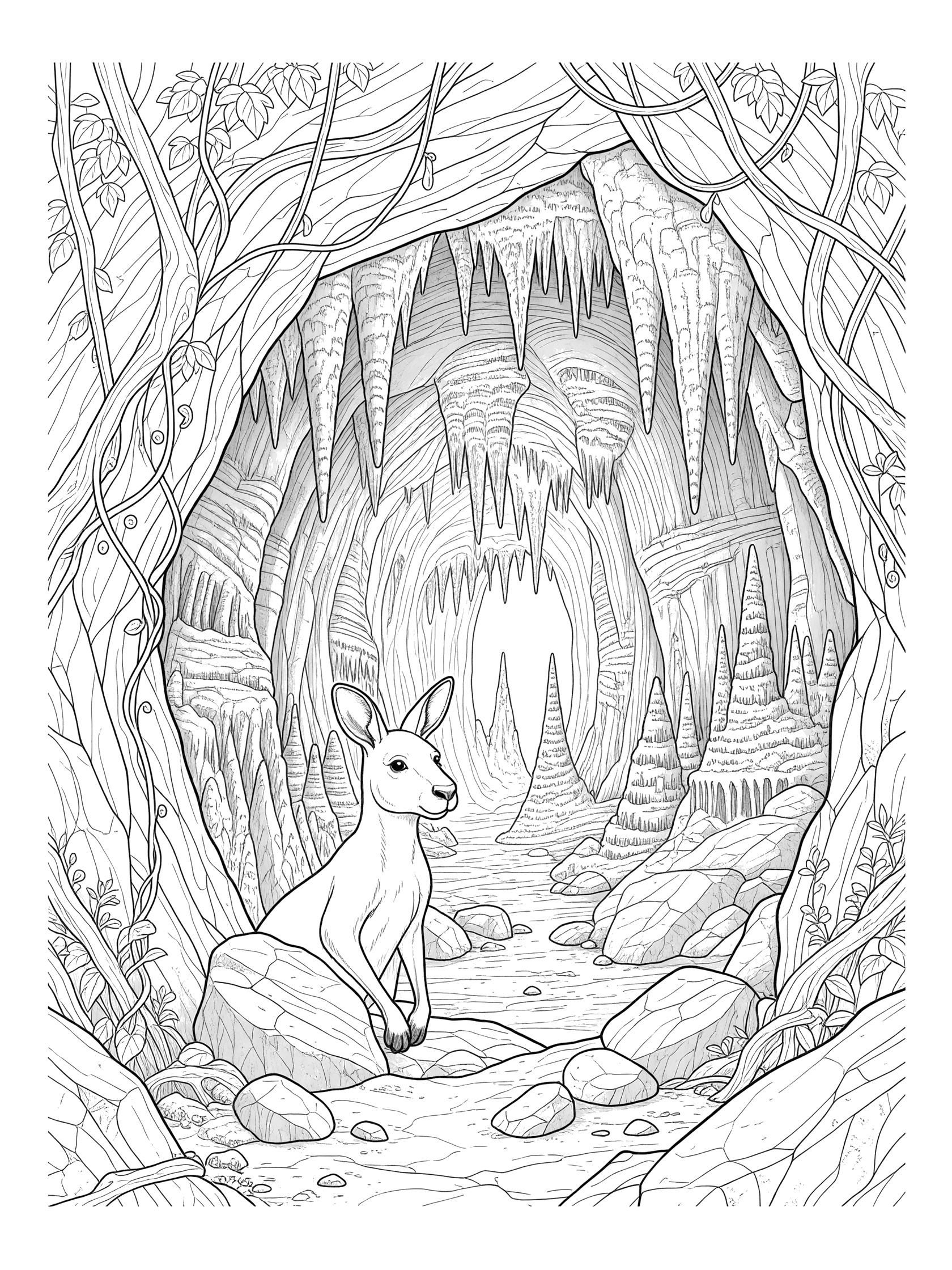 Line art coloring page showing a kangaroo standing at a cave entrance with hanging stalactites, vines, rocks and cave details inside.