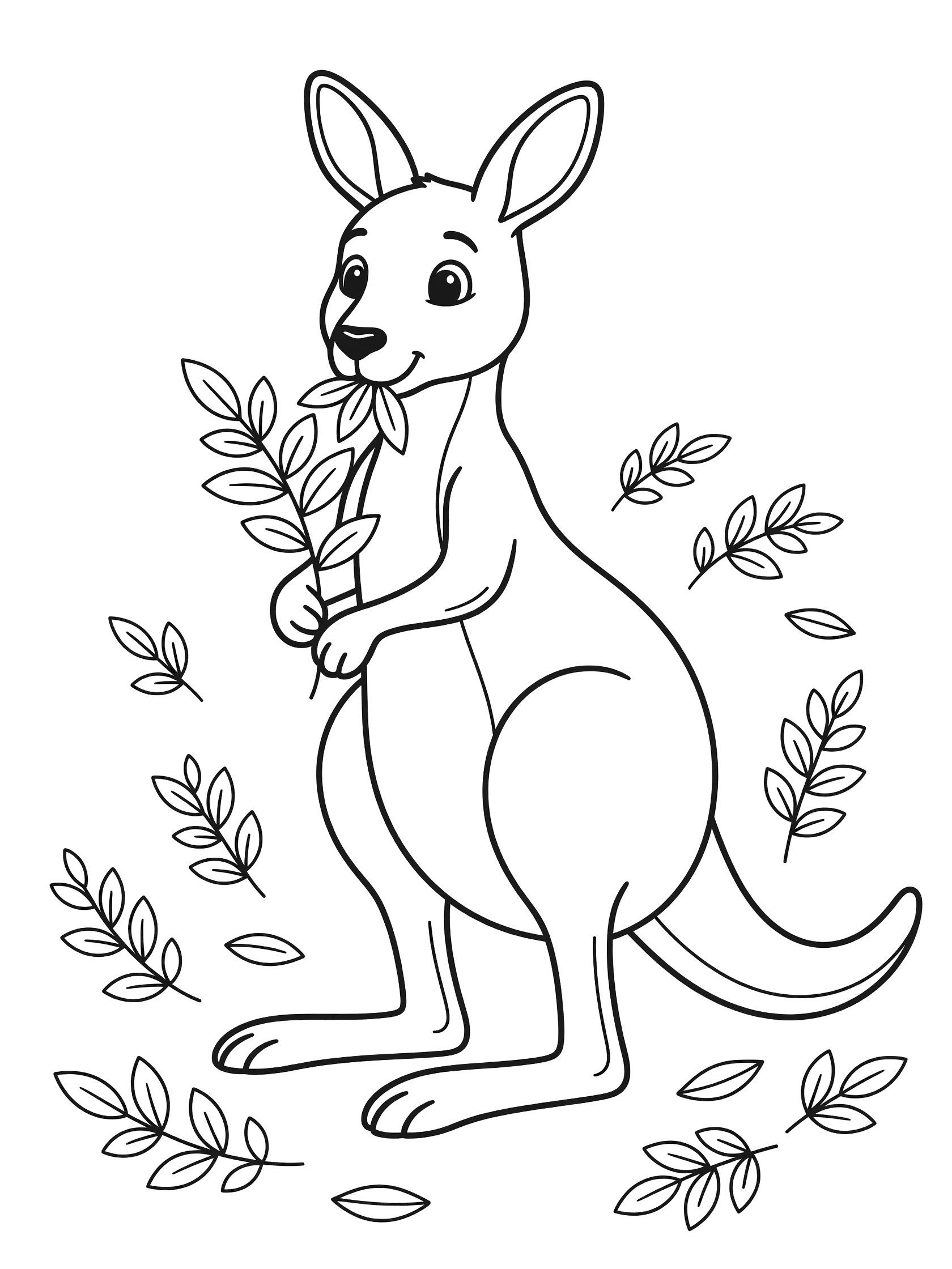 Black and white coloring page of a kangaroo sitting and holding leaves in its paws with leaves around it