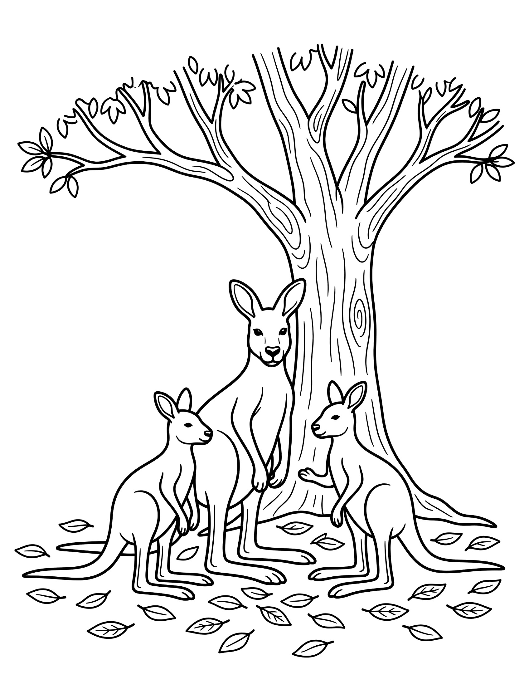 Black and white line drawing of three kangaroos under a tree with scattered leaves, printable coloring page for children.