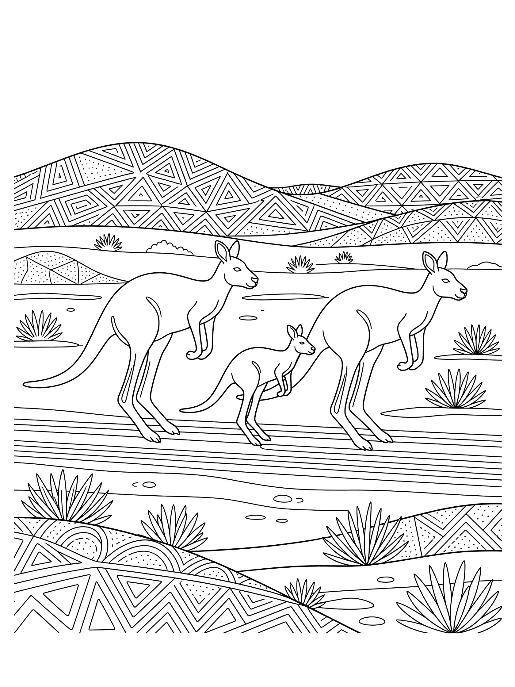 Black and white line art of a kangaroo family hopping together in a desert scene with geometric hills and spiky plants.