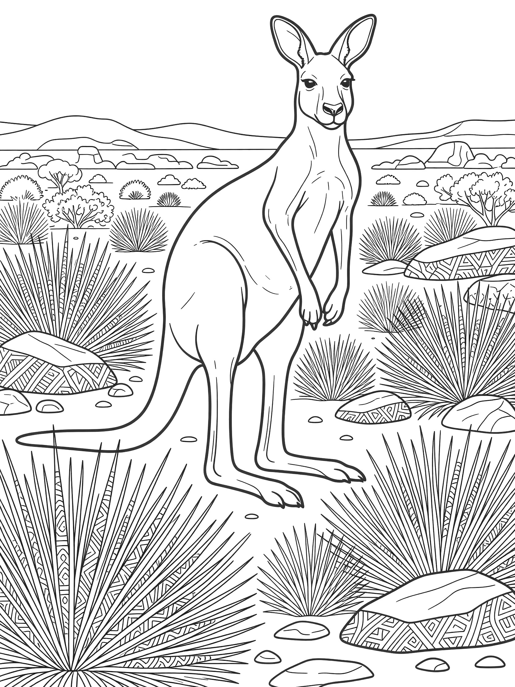 Black and white line art coloring page showing a kangaroo in the Australian outback surrounded by spiky grass, rocks, trees, and distant hills.