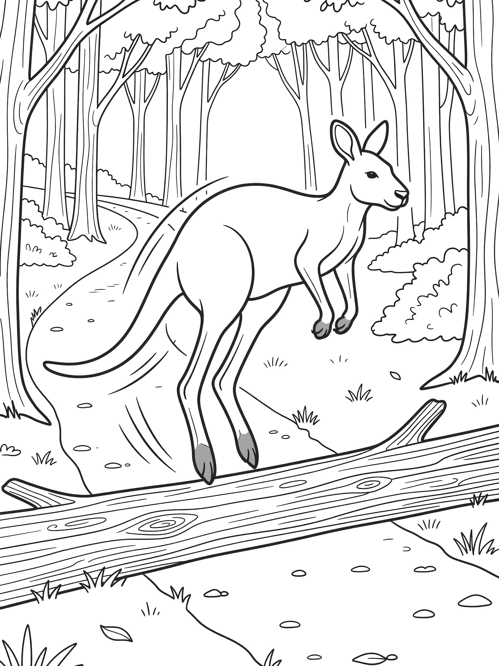 Black and white line art coloring page showing a kangaroo mid-jump over a fallen log on a forest path with trees and grass.