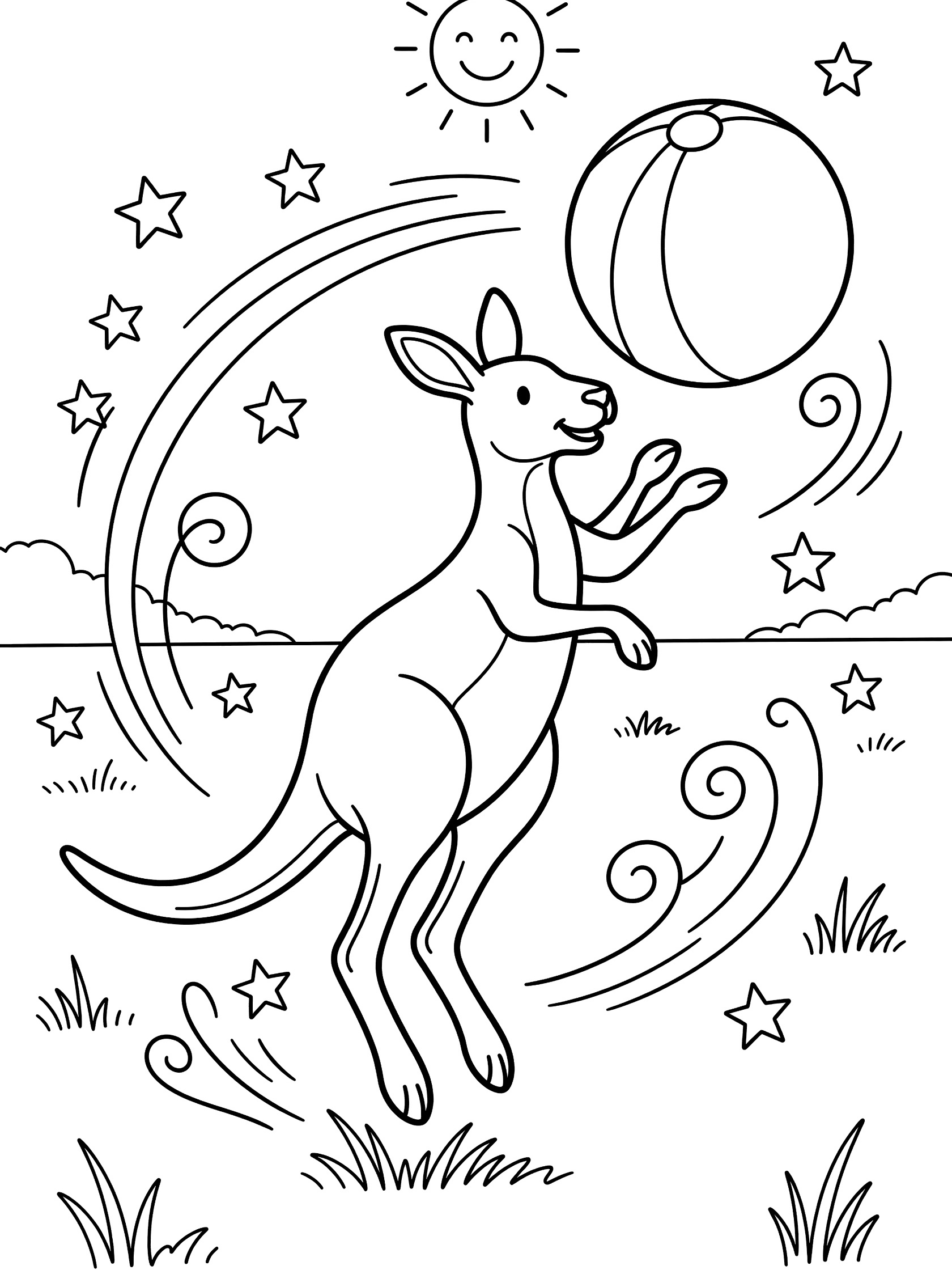 Black and white coloring page of a kangaroo in mid-jump bouncing a large beach ball, surrounded by swirly motion lines, doodle stars, smiling sun, and simple grass.