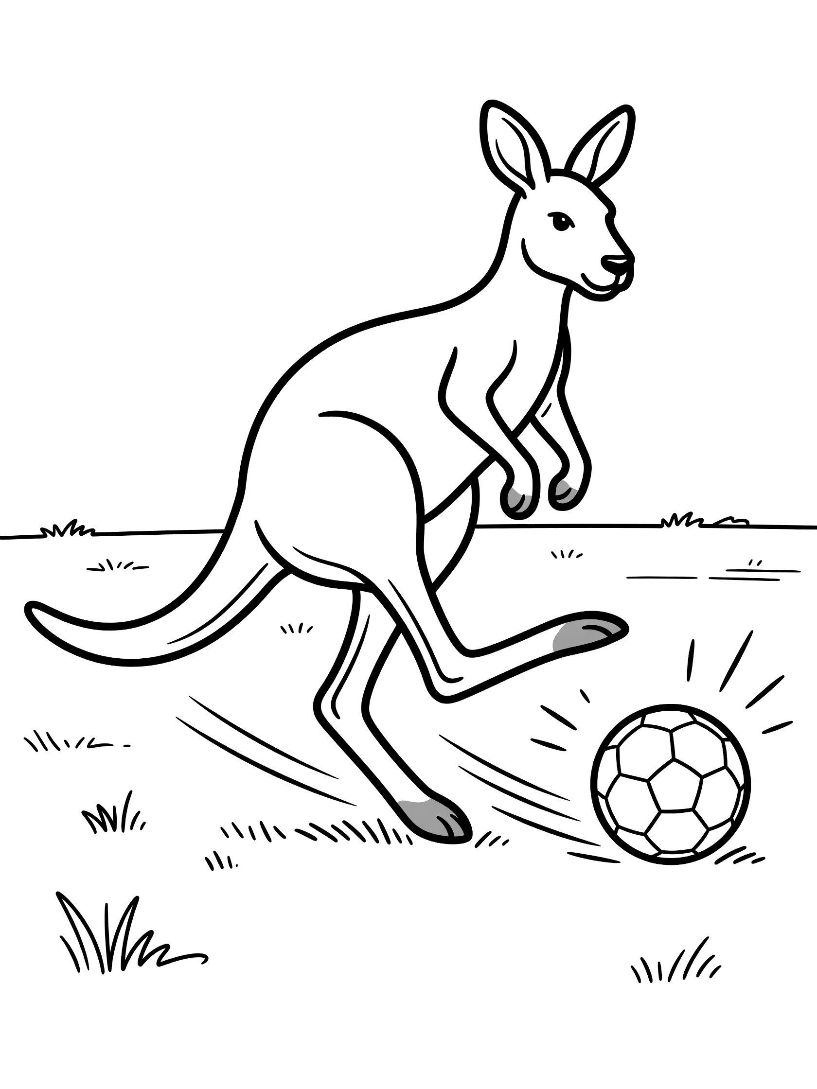 Black and white line art coloring page showing a kangaroo in action kicking a soccer ball with grass lines below.