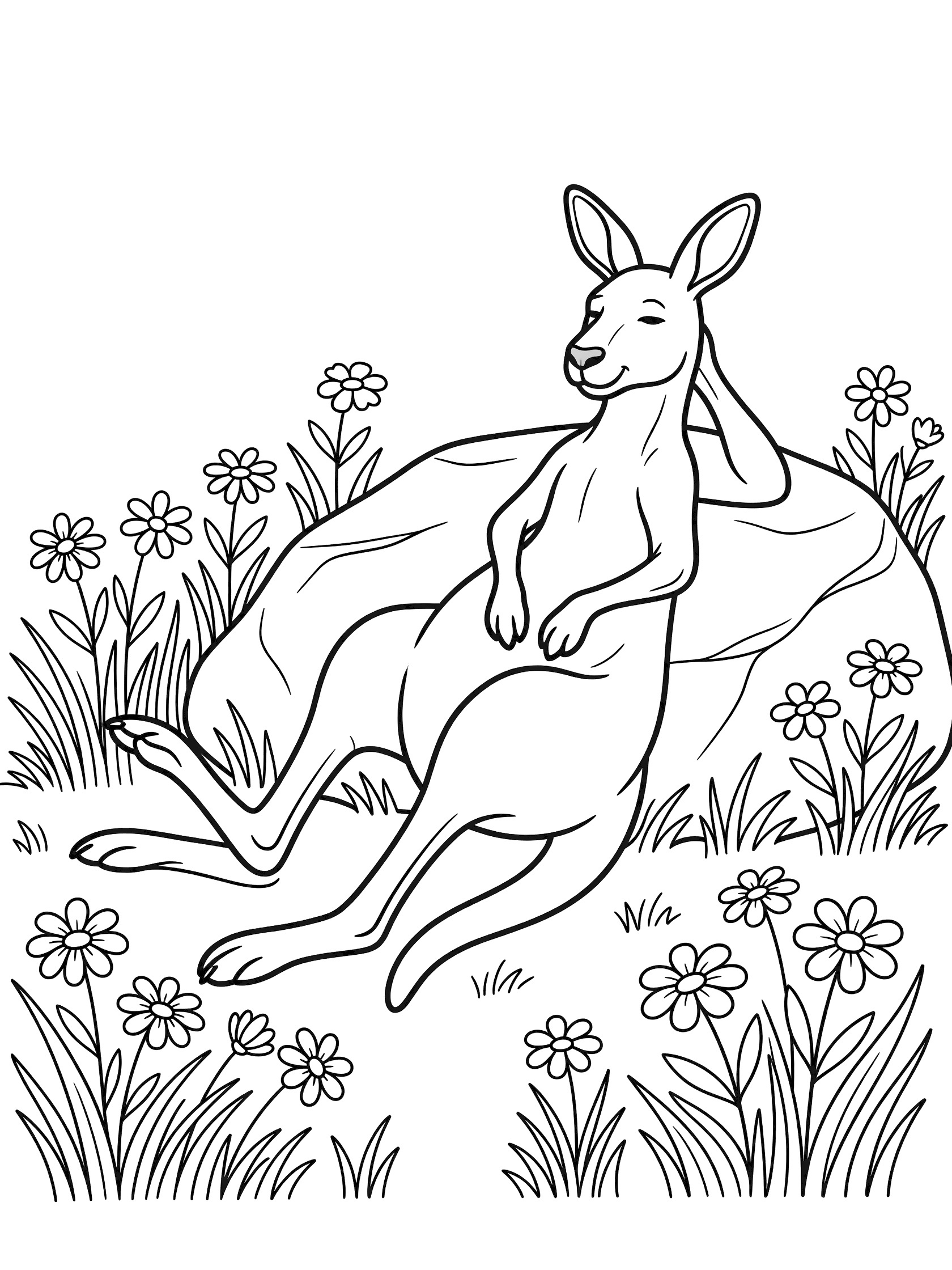 Black and white line art coloring page showing a kangaroo leaning back on a big rock, one paw behind its head, smiling face, surrounded by grass and scattered flowers.