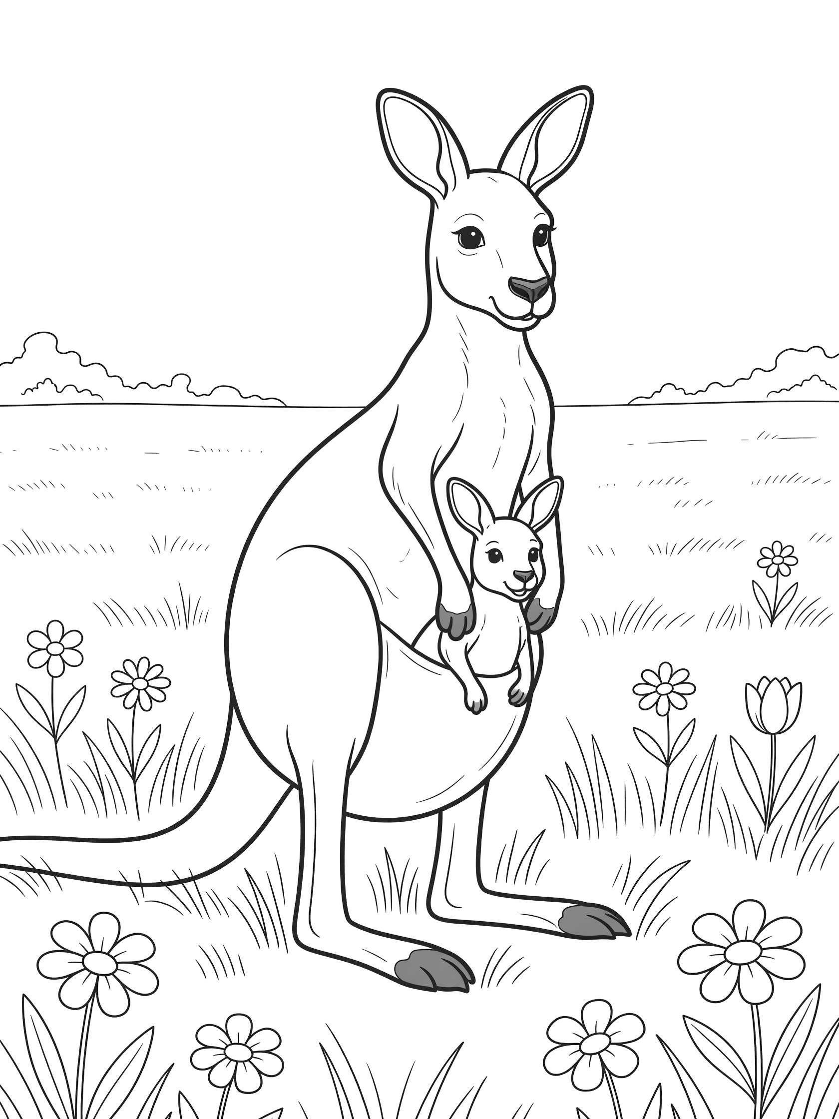 Black and white line art coloring page showing a mother kangaroo with joey in pouch, standing in a field of grass and flowers.
