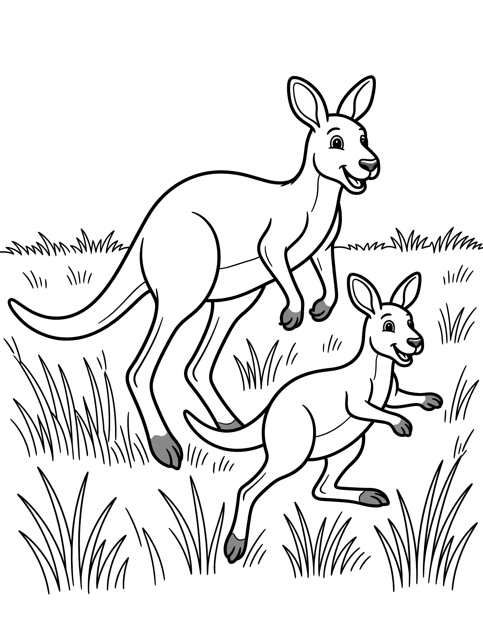 Black and white line art coloring page showing a mother kangaroo with smiling face jumping forward and a smaller joey kangaroo leaping behind her through patches of grass.
