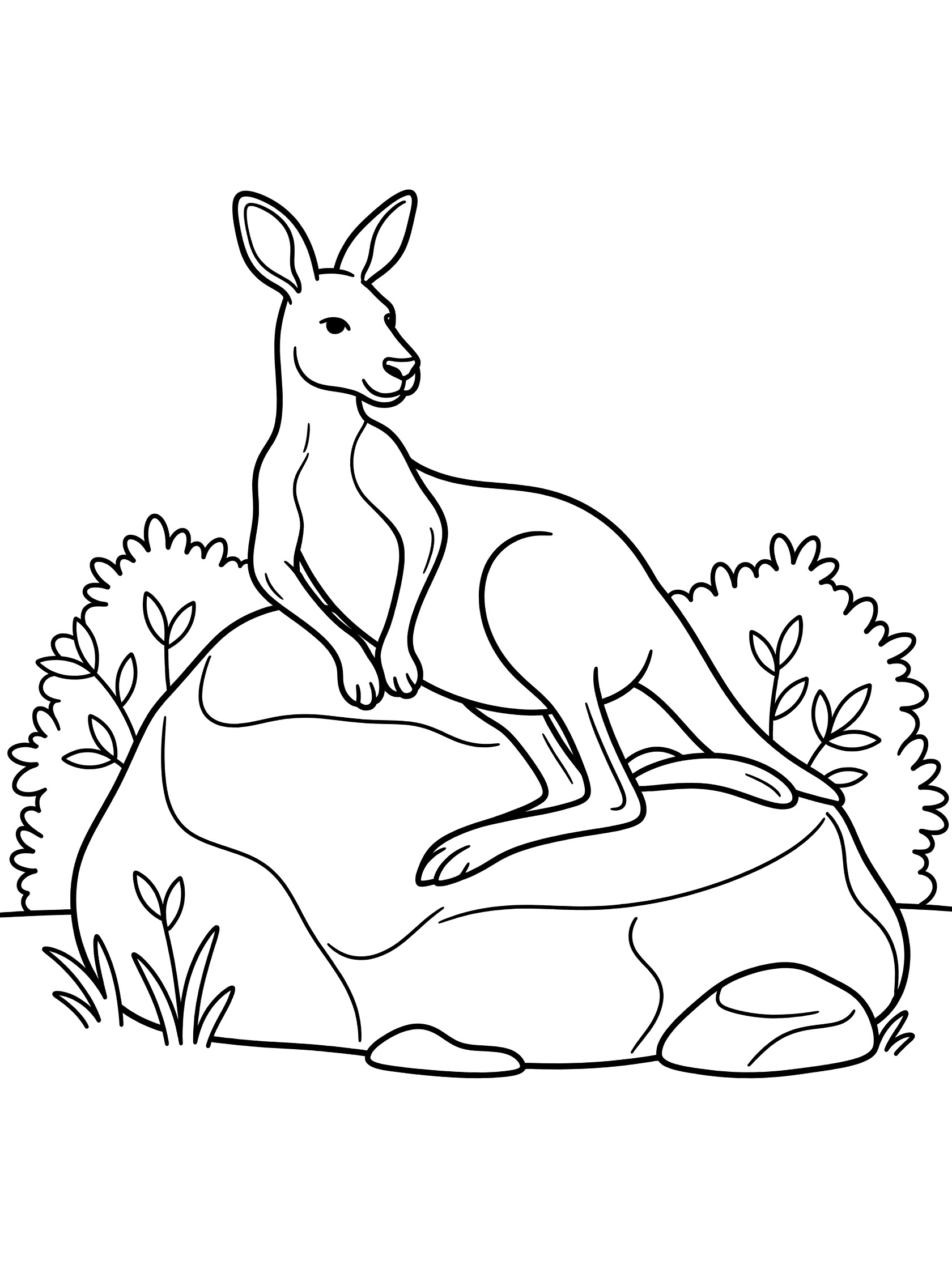 Black and white coloring page of a kangaroo sitting on a large rock next to bushes