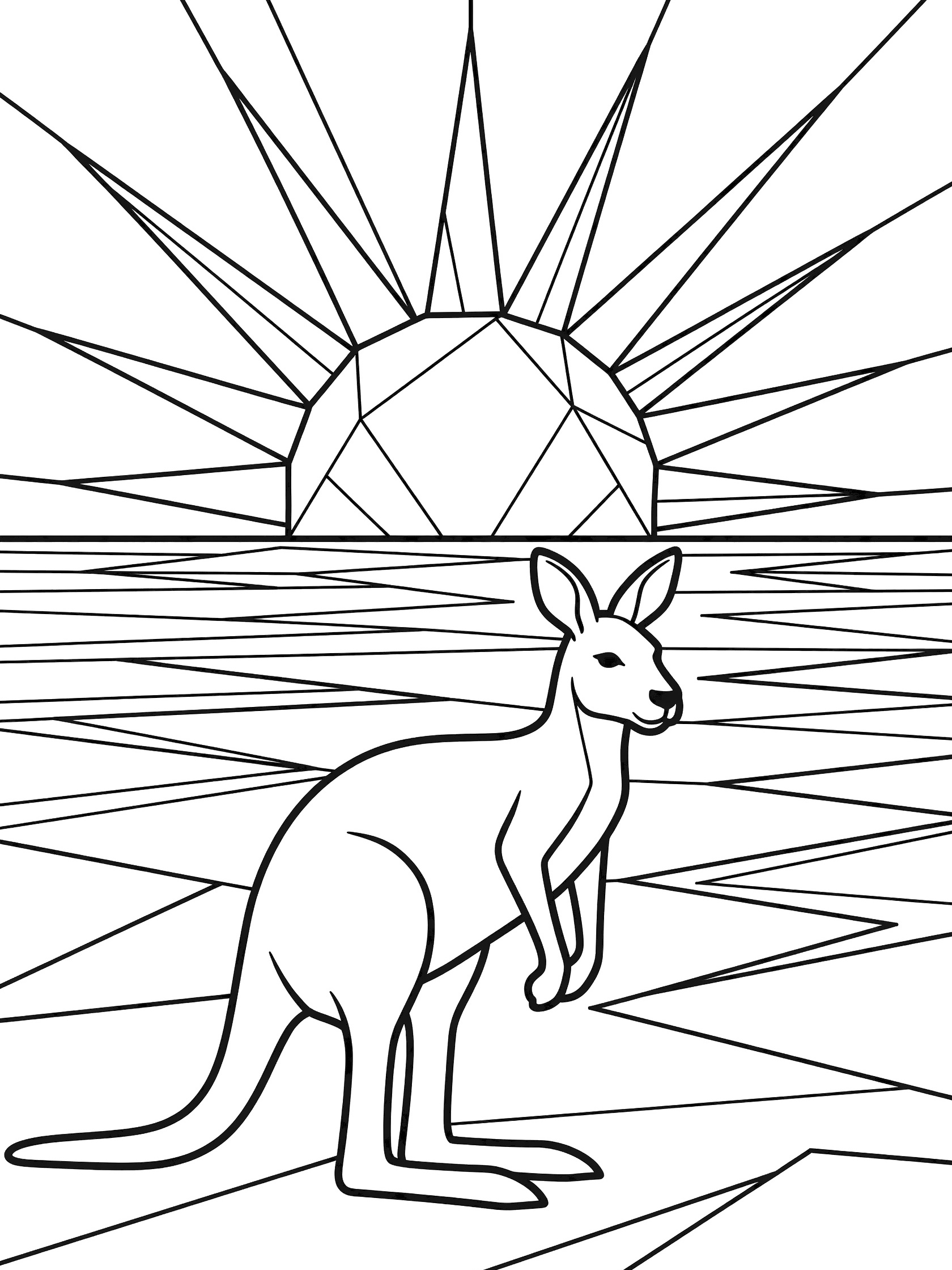 Black and white line art coloring page showing a kangaroo standing in front of a geometric sun with rays and wavy horizon lines.