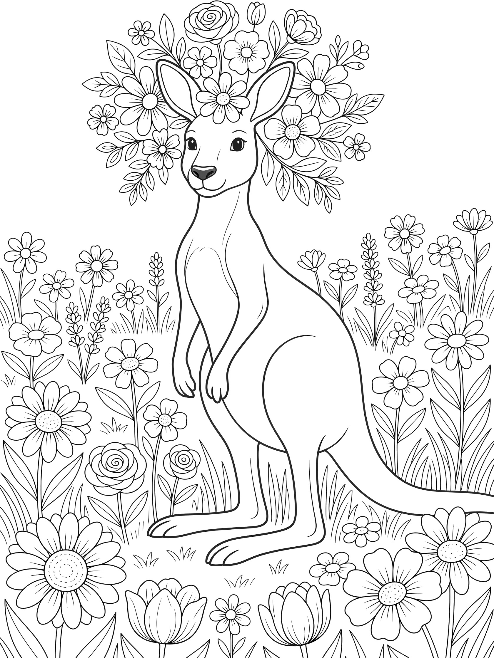 Black and white line art coloring page showing a kangaroo wearing a detailed flower crown on its head, standing in a meadow with many outlined flowers around its feet.