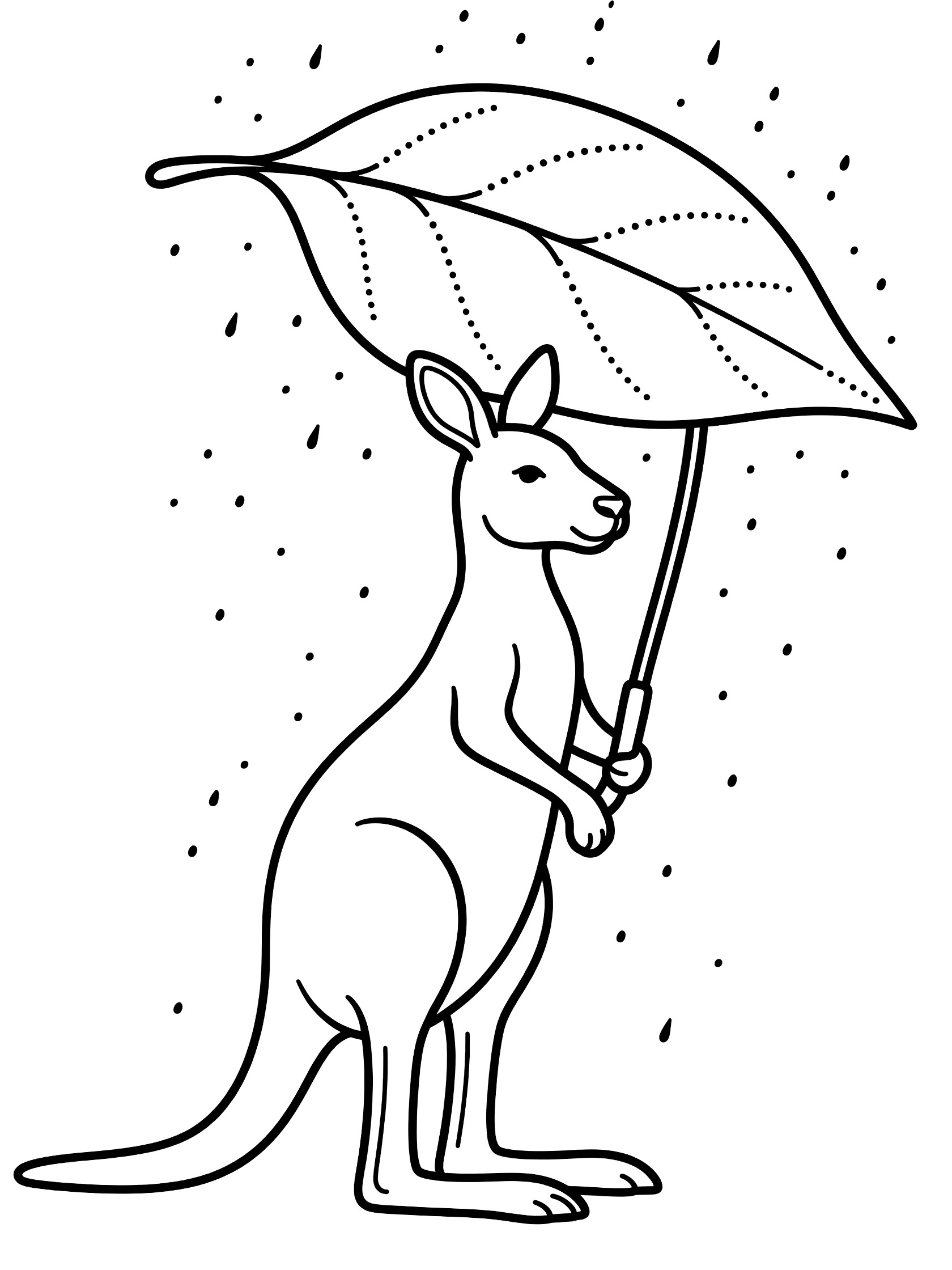 Black and white line art coloring page showing a kangaroo standing and holding a large leaf over its head like an umbrella with falling raindrops around it.