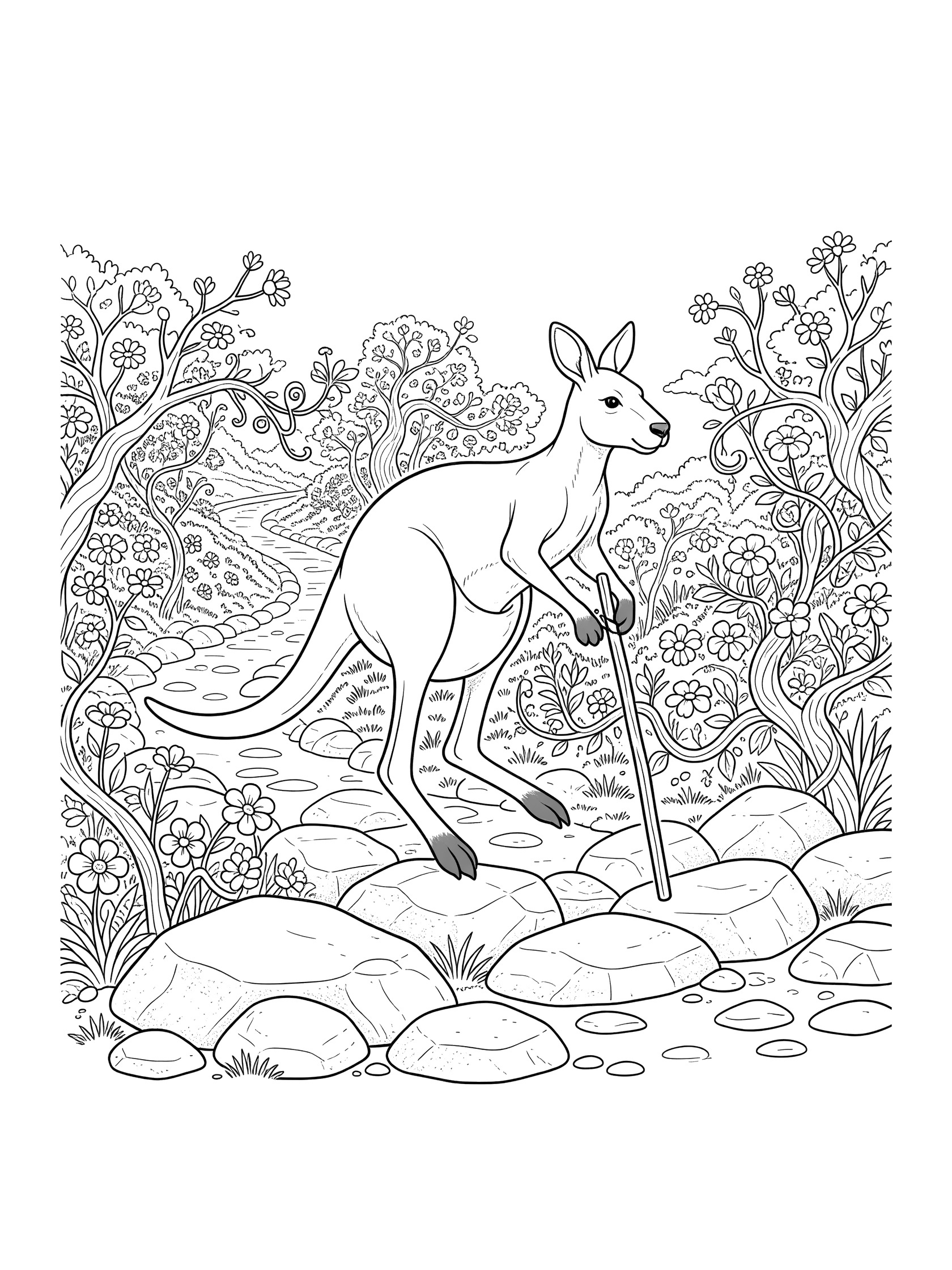 Black and white line art of a kangaroo holding a walking stick, hopping over rocks on a bushy path with vines and flowers, coloring book style.