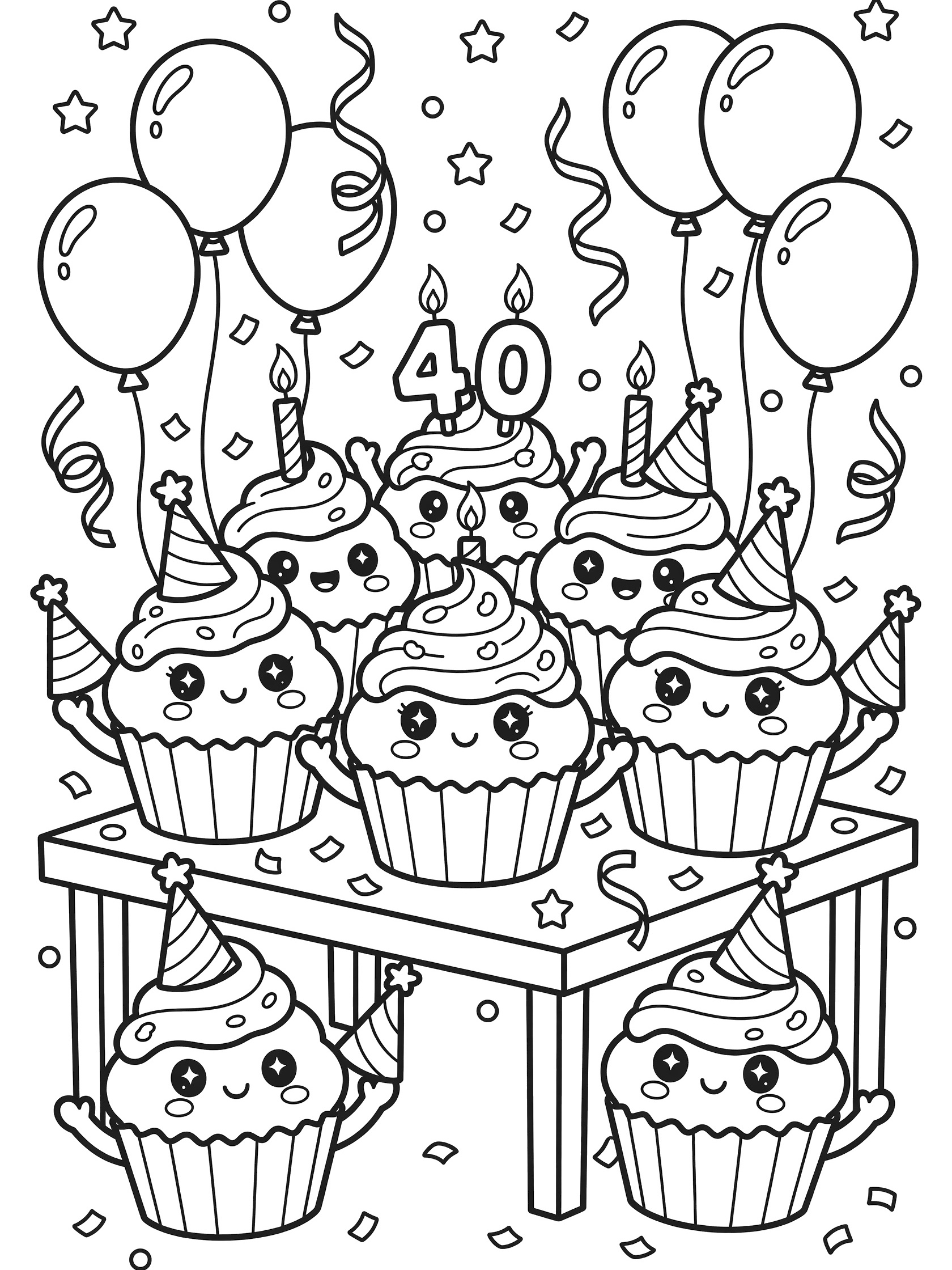 Adorable kawaii line art coloring page showing plump cupcakes with big eyes, rosy cheeks, waving arms in party hats, swirled frosting with 40 candles, balloons, confetti on a table for 40th birthday.