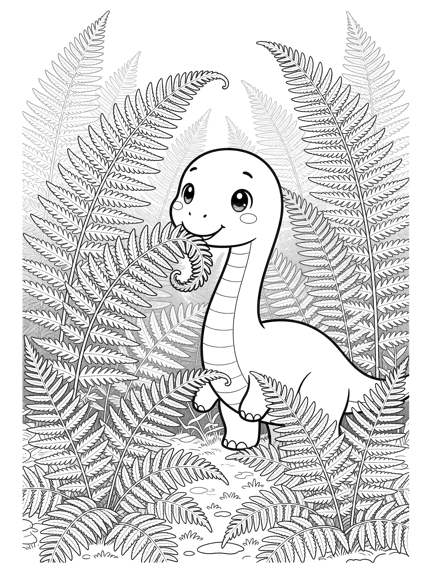 Black-and-white coloring page of a cute Alamosaurus dinosaur with oversized sparkling eyes and gentle smile eating a curling fern frond surrounded by tall ferns in a misty forest.
