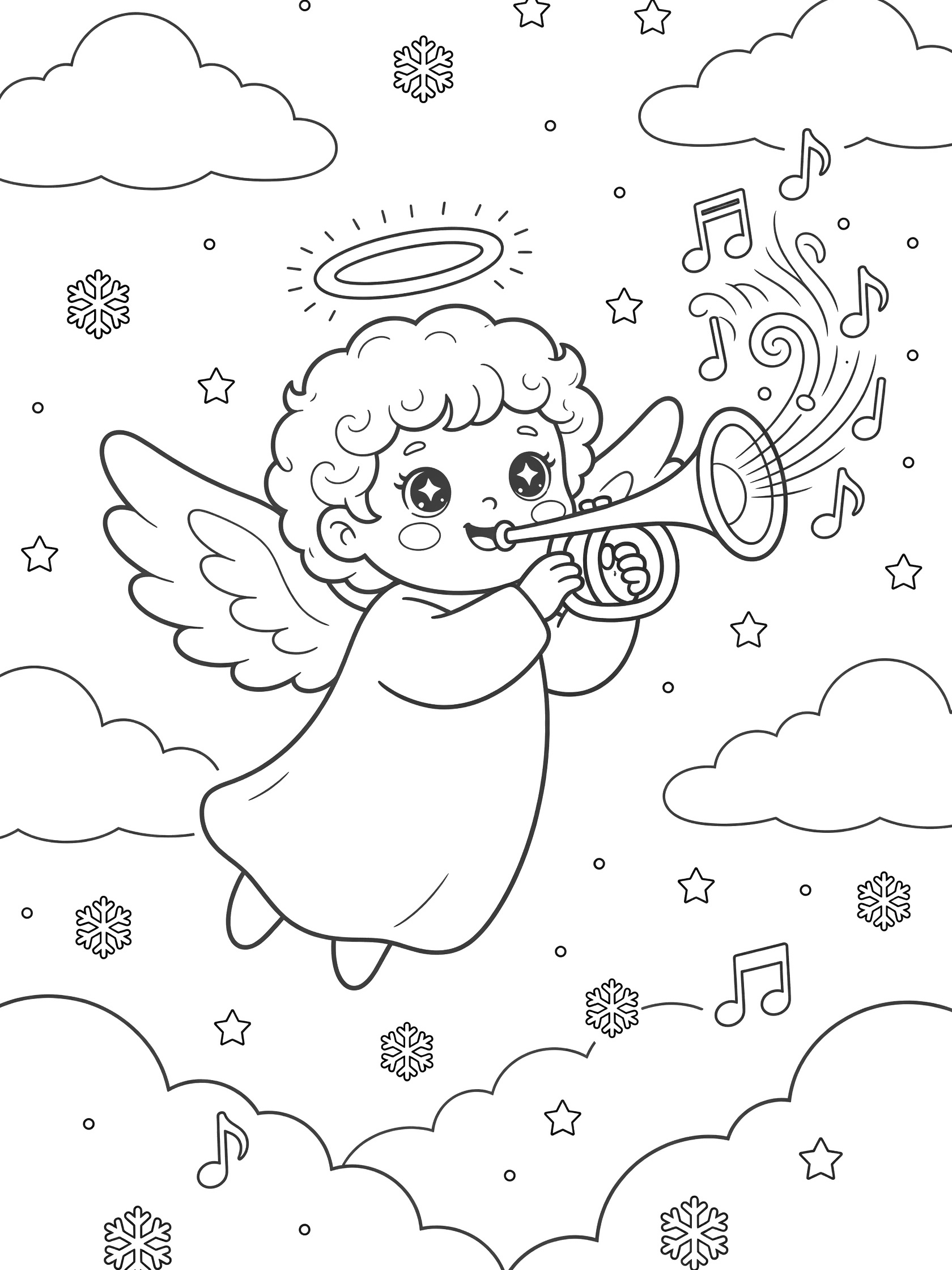 Black-and-white line art of a kawaii angel with big eyes, curly hair, blowing a curly trumpet. Fluffy wings, halo, swirling notes, clouds, stars, and snowflakes in a Christmas sky.