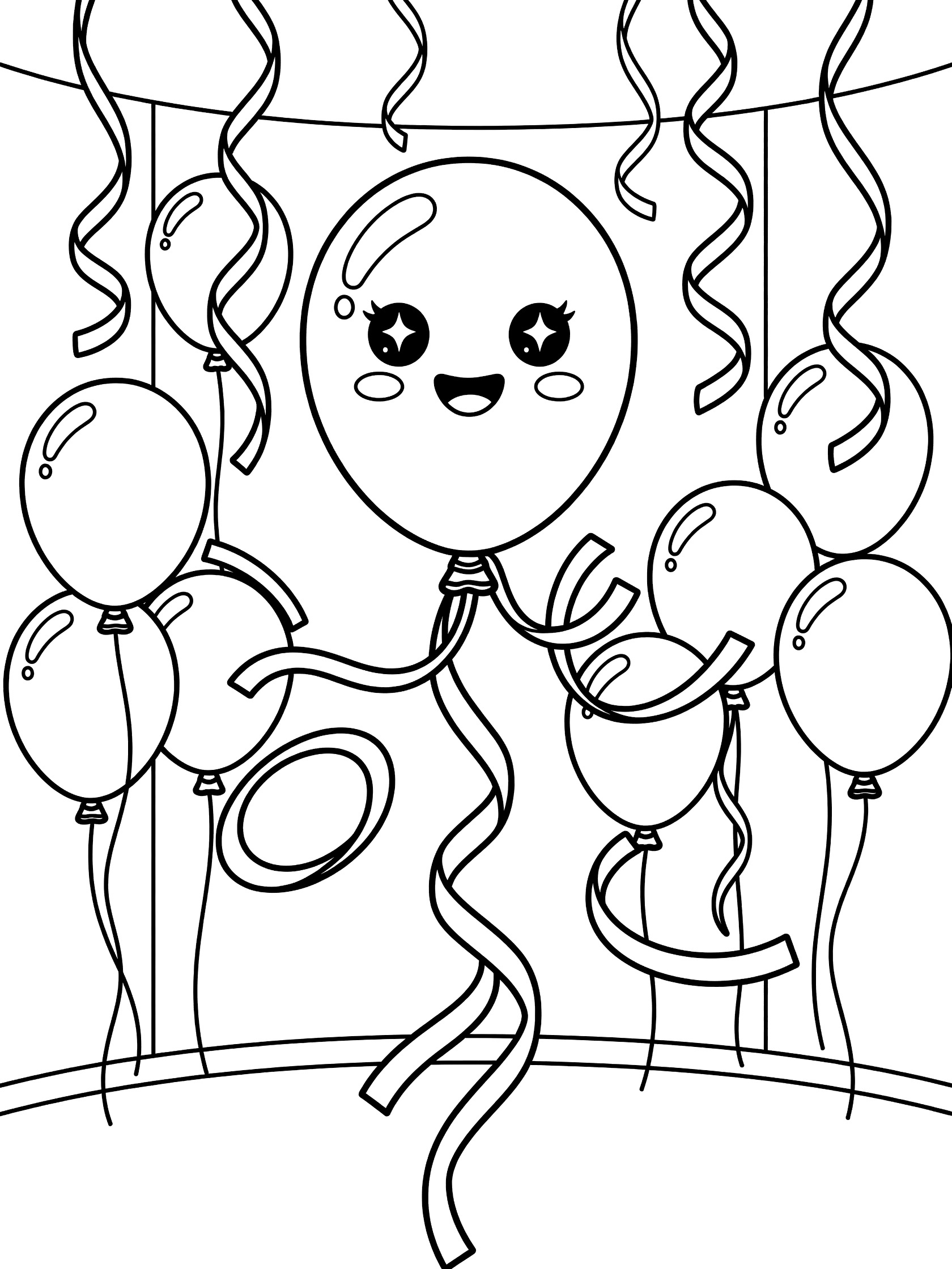 Black-and-white coloring page of a happy kawaii balloon pulling long twisty streamers, surrounded by smaller balloons and dangling streamers for birthday fun.