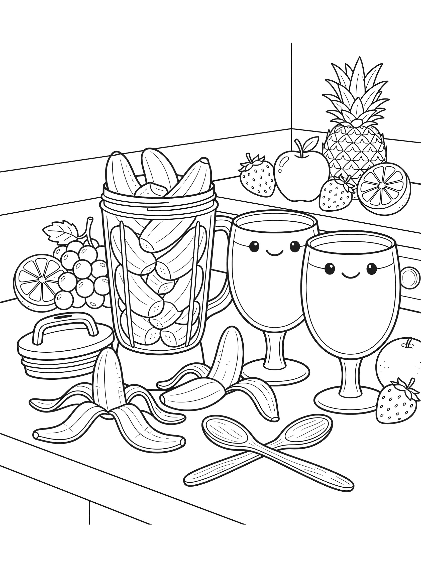 Kawaii style coloring page showing chunks of peeled bananas in a kitchen blender with lid, ready-to-blend on counter, next to happy-faced smoothie glasses, spoons, banana peels, pineapple, strawberries, oranges, grapes, and apples.