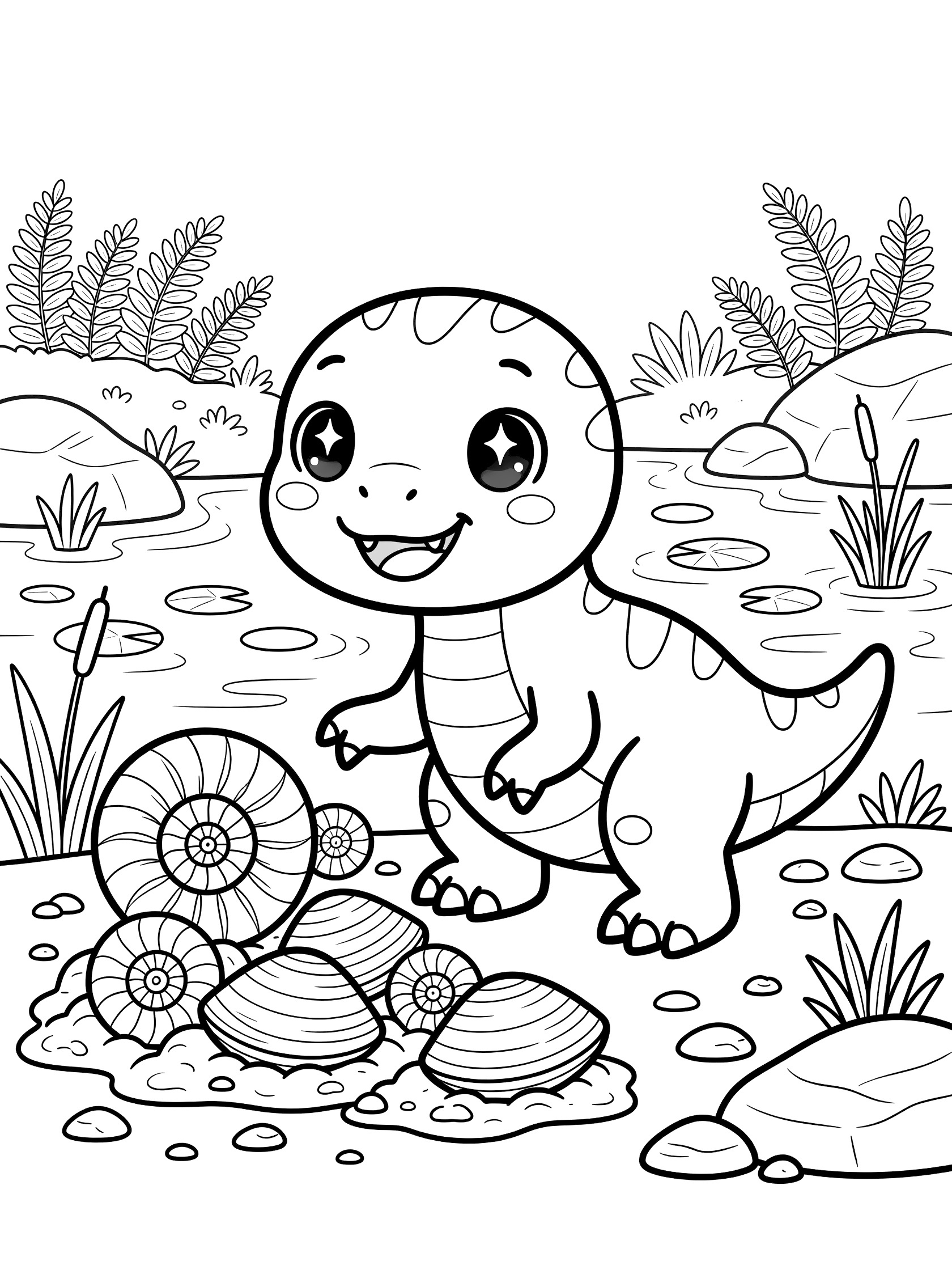 Black and white coloring page of a kawaii Baryonyx dinosaur with sparkling eyes and big smile, gently touching ancient ammonite shells and clams on a muddy riverbank with water, lily pads, reeds, and prehistoric plants.
