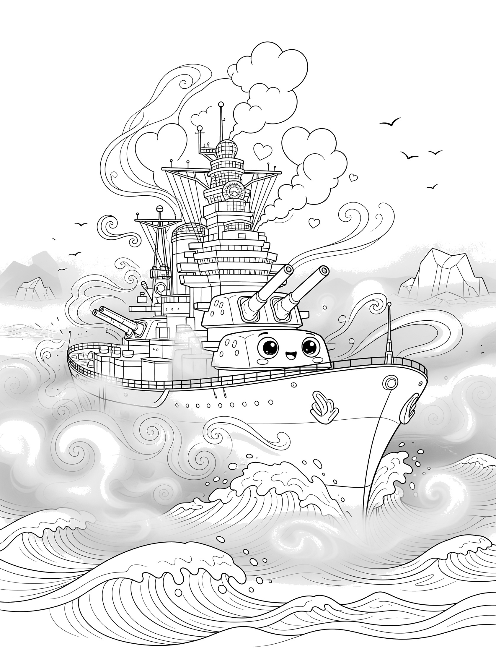 Black and white line art of a kawaii battleship with big eyes on the turret, puffing heart clouds, sailing through foggy choppy waters with waves, distant icebergs, and seabirds.