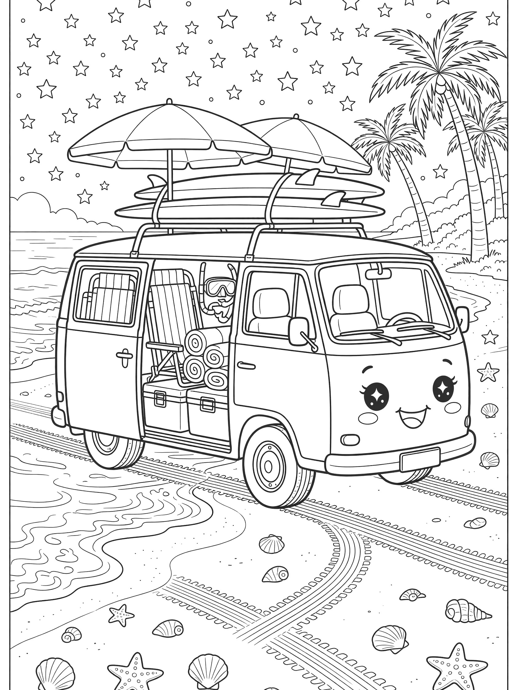 Black and white line art of a happy kawaii-style beach van with big eyes and grin, open side door showing beach chairs and cooler, surfboards and umbrellas on roof, tire tracks on sand with seashells, palm trees, and starry sunset sky.