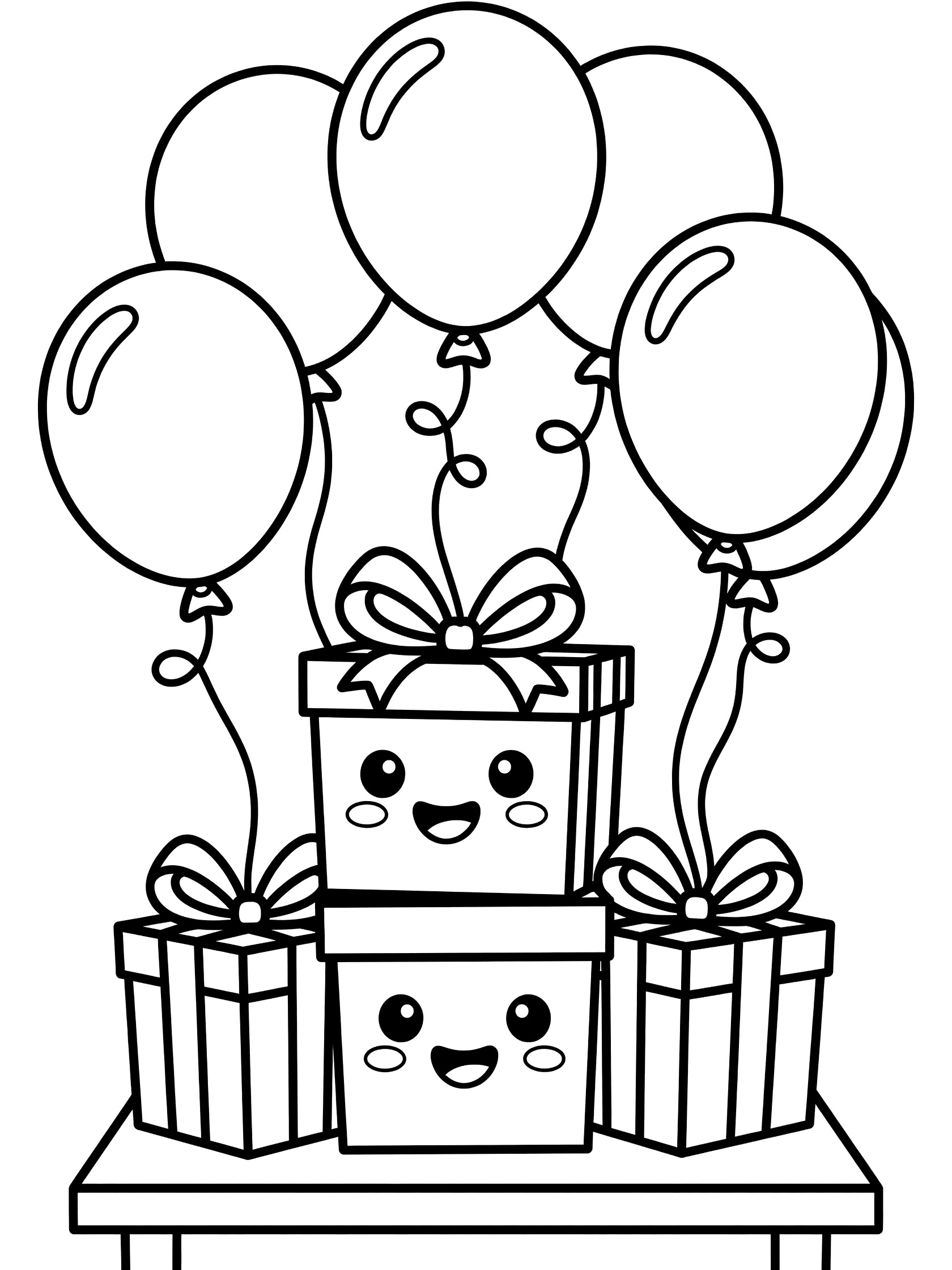 Black and white line art of cute stacked presents with happy faces, ribbon bows, and colorful balloons tied on strings above a simple party table.
