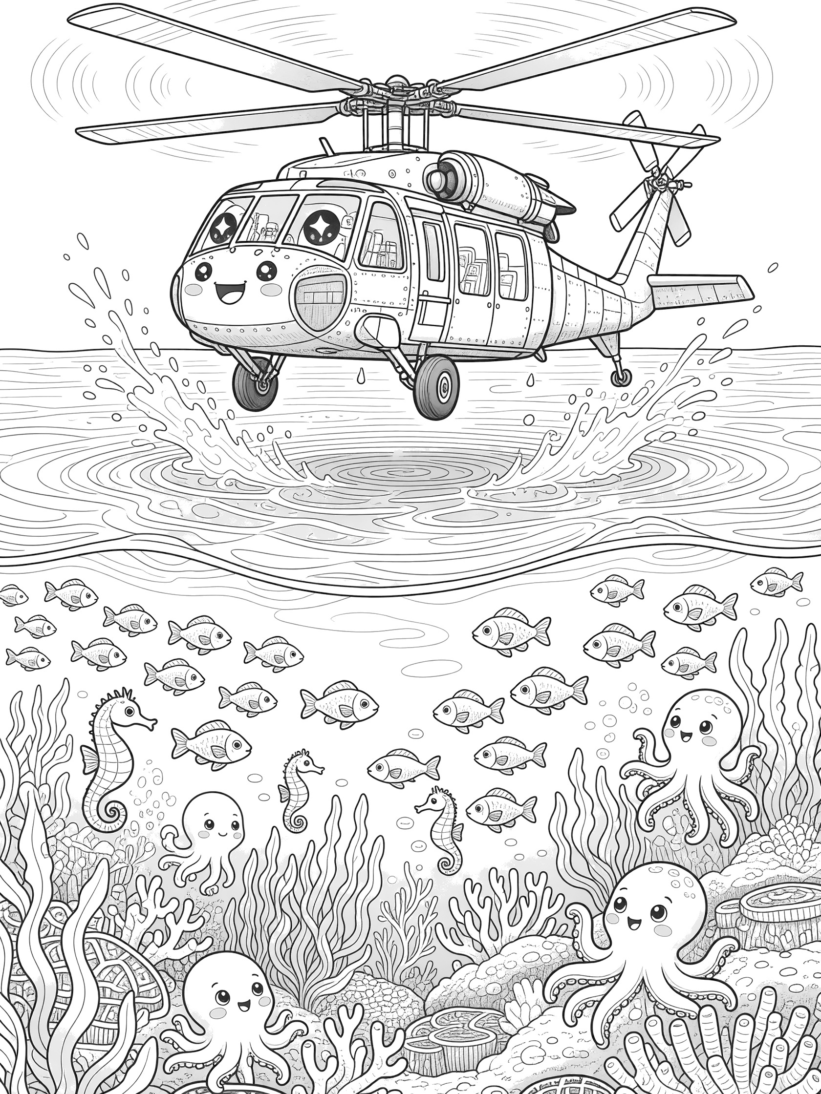 Cute kawaii Black Hawk helicopter hovering low over turquoise ocean, creating splashes, with underwater fish, seahorses, octopuses, coral and kelp looking up. Black and white line art coloring page.