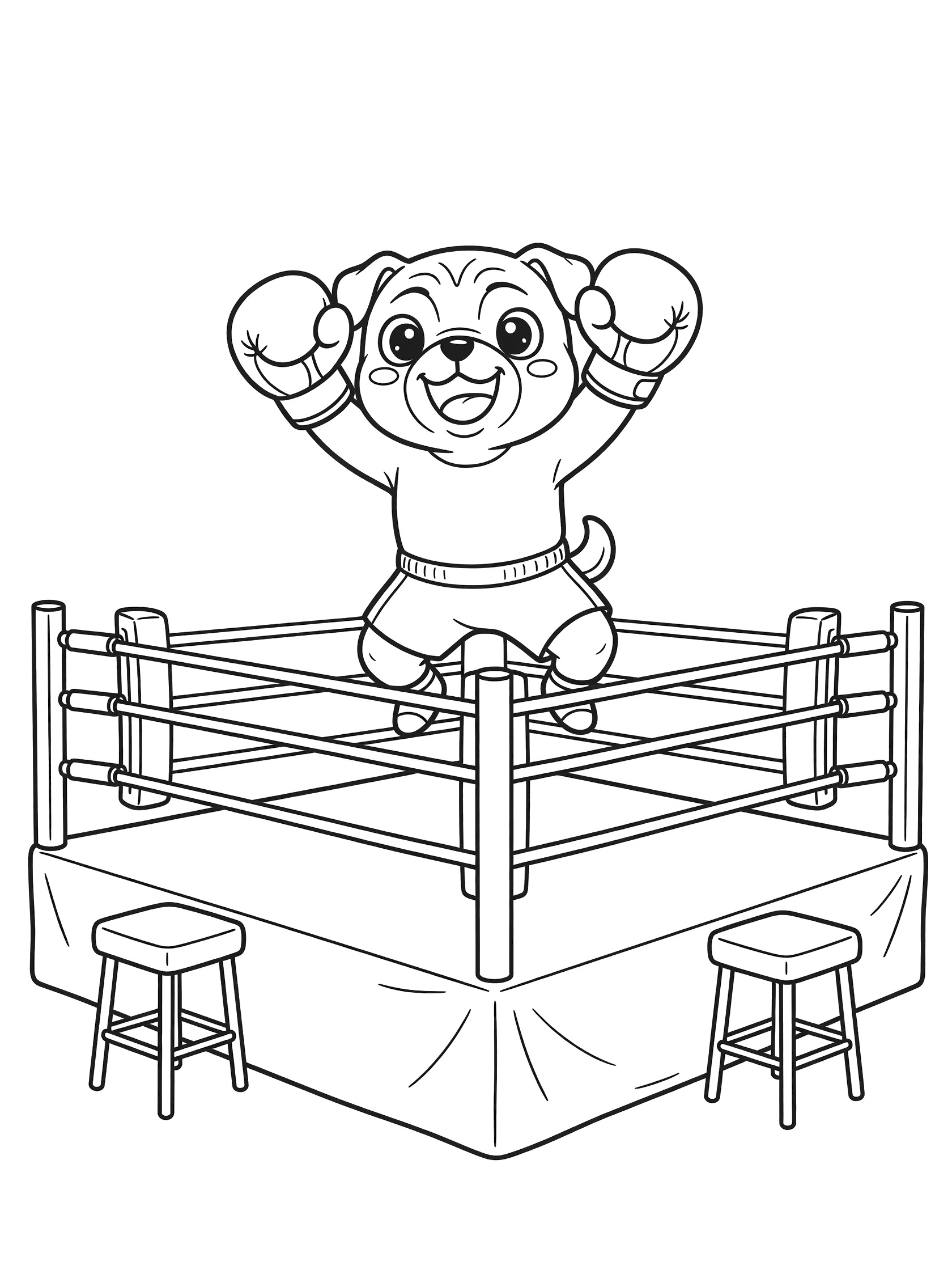Black and white coloring page of a joyful kawaii boxer dog jumping victoriously in a boxing ring with raised gloves, ropes, posts, and stools.
