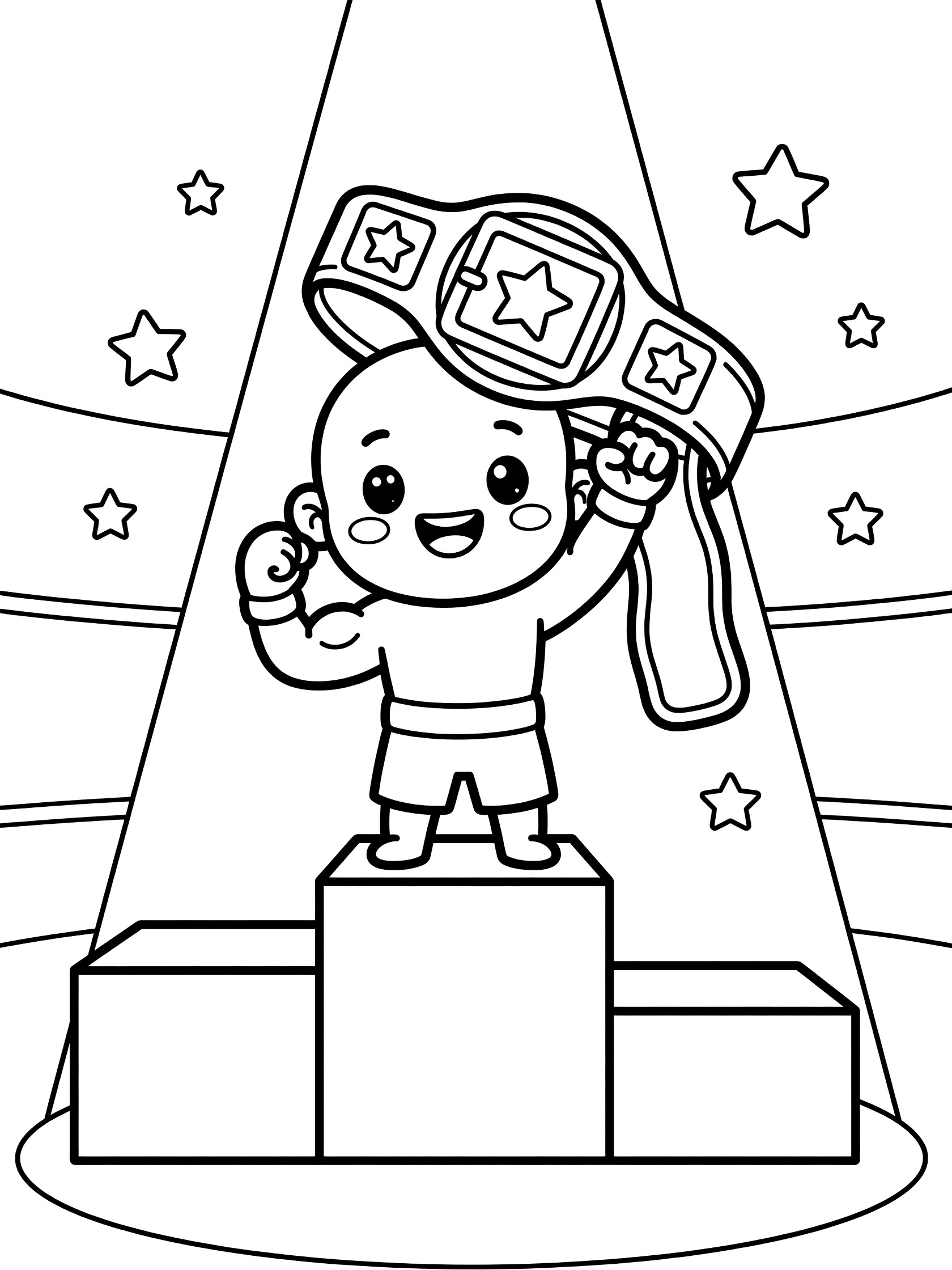 Black and white line art of a smiling kawaii-style boxer in shorts flexing arms on a podium, holding an oversized championship belt with arena spotlight and stars.