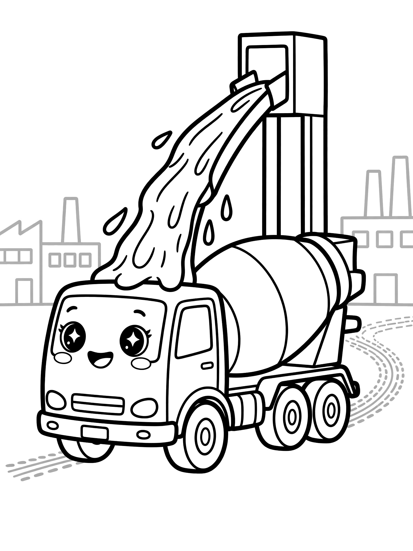 Cute kawaii-style cement mixer truck with sparkling eyes, rosy cheeks, and happy smile, tilting drum to load thick cement streams from silo chute at factory plant, tire tracks and buildings in background.