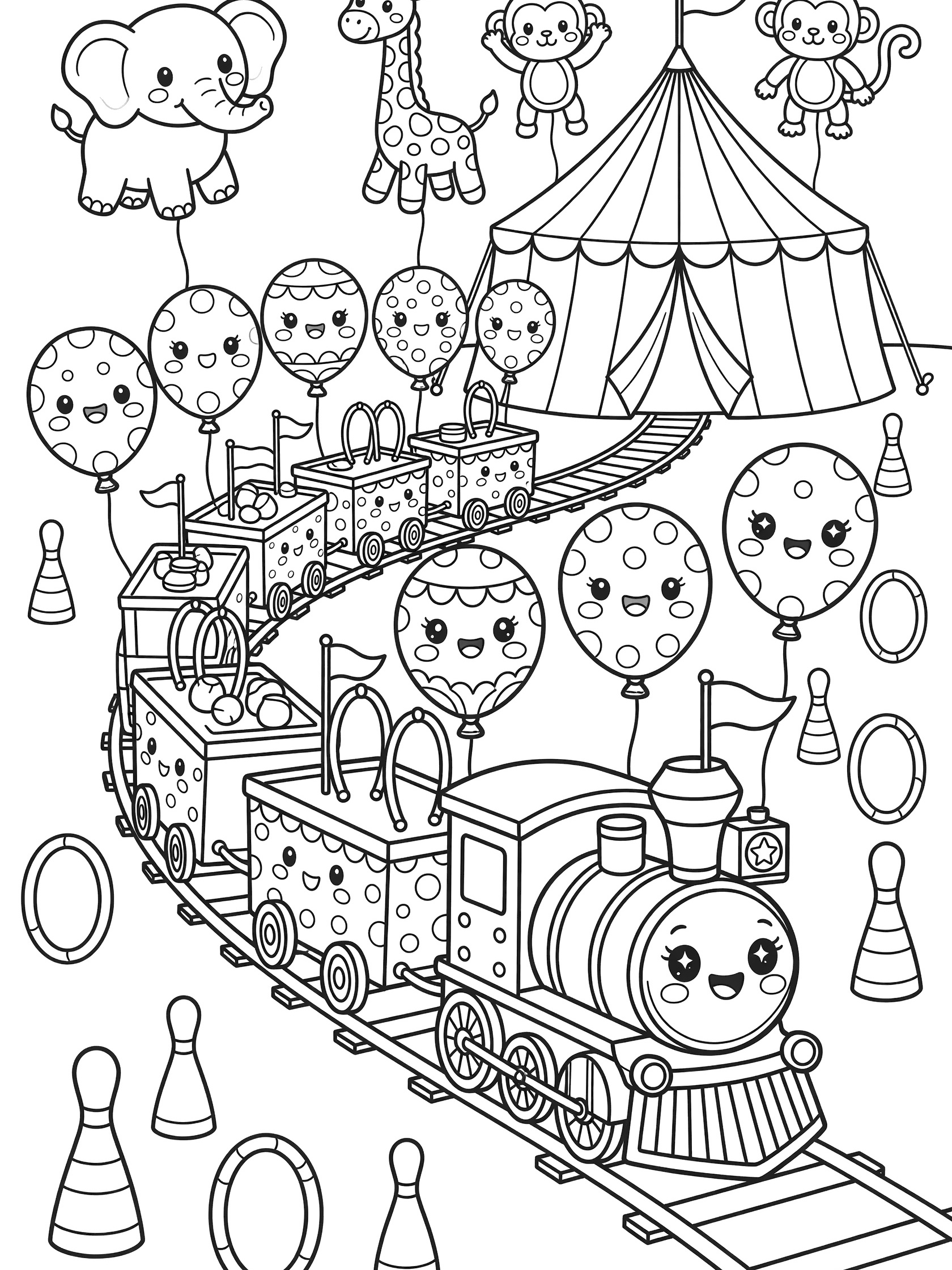 Kawaii line art coloring page showing a smiling steam locomotive pulling balloon circus train cars toward a circus tent, with cute balloon elephants, giraffes, monkeys, hoops, and juggling pins.