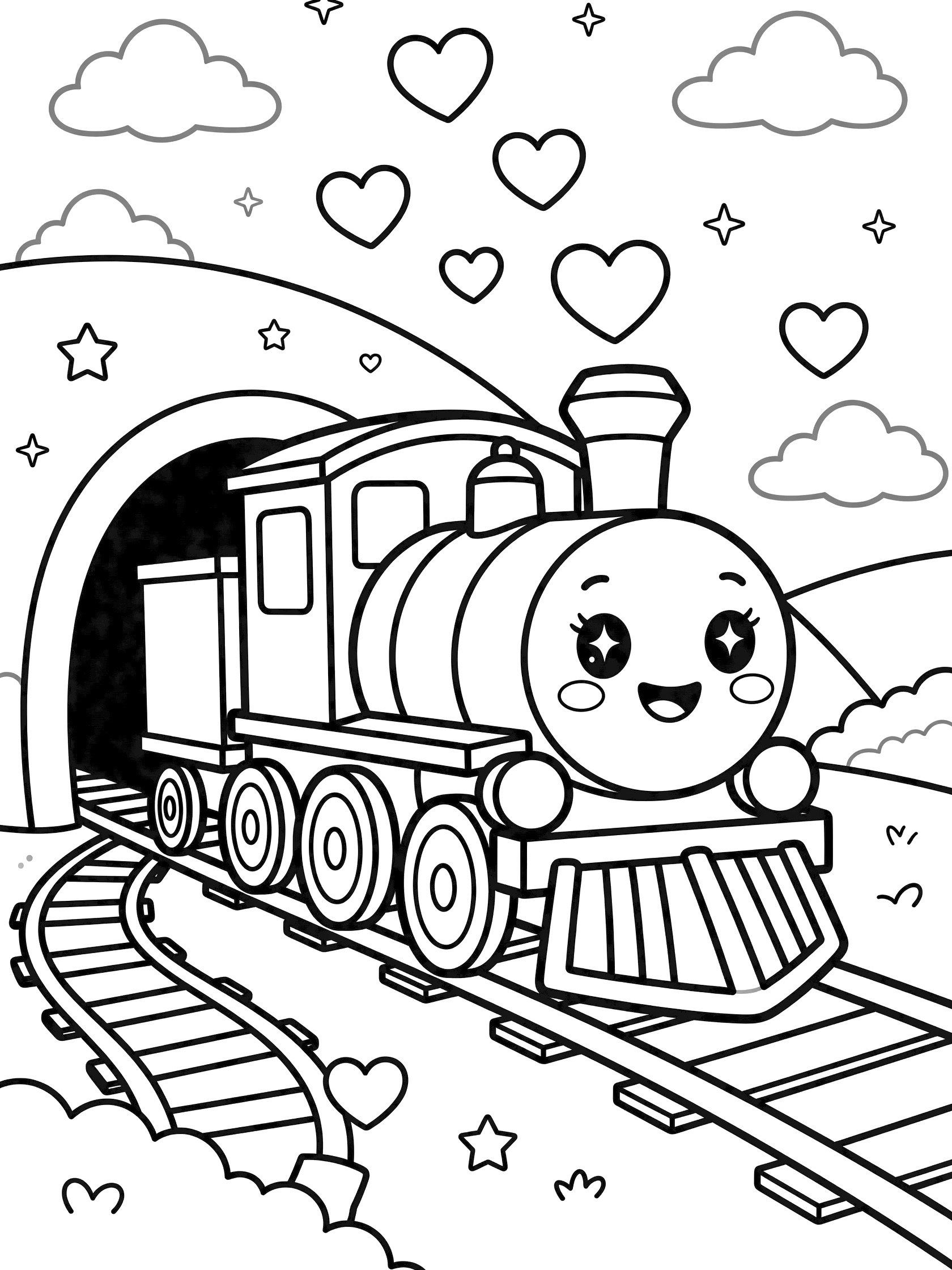 Kawaii-style classic steam train with sparkling eyes, rosy cheeks, and cheerful smile chugging out of a dark tunnel mouth on whimsical hillside tracks with heart-shaped smoke puffs.