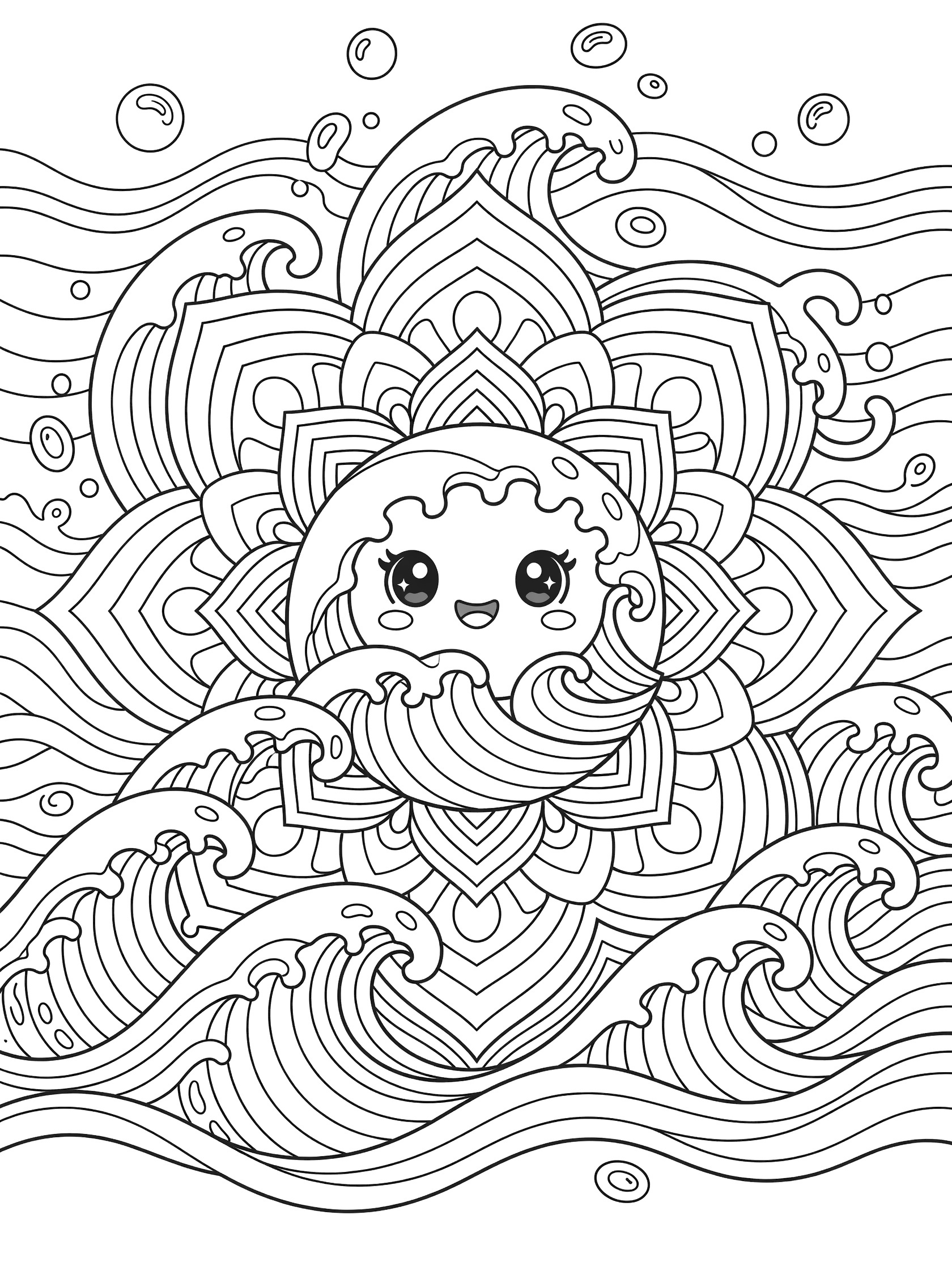 Black and white coloring page of a kawaii curved wave mandala with cheerful face, blushing cheeks, sparkling eyes, and layered flowing waves on white background.