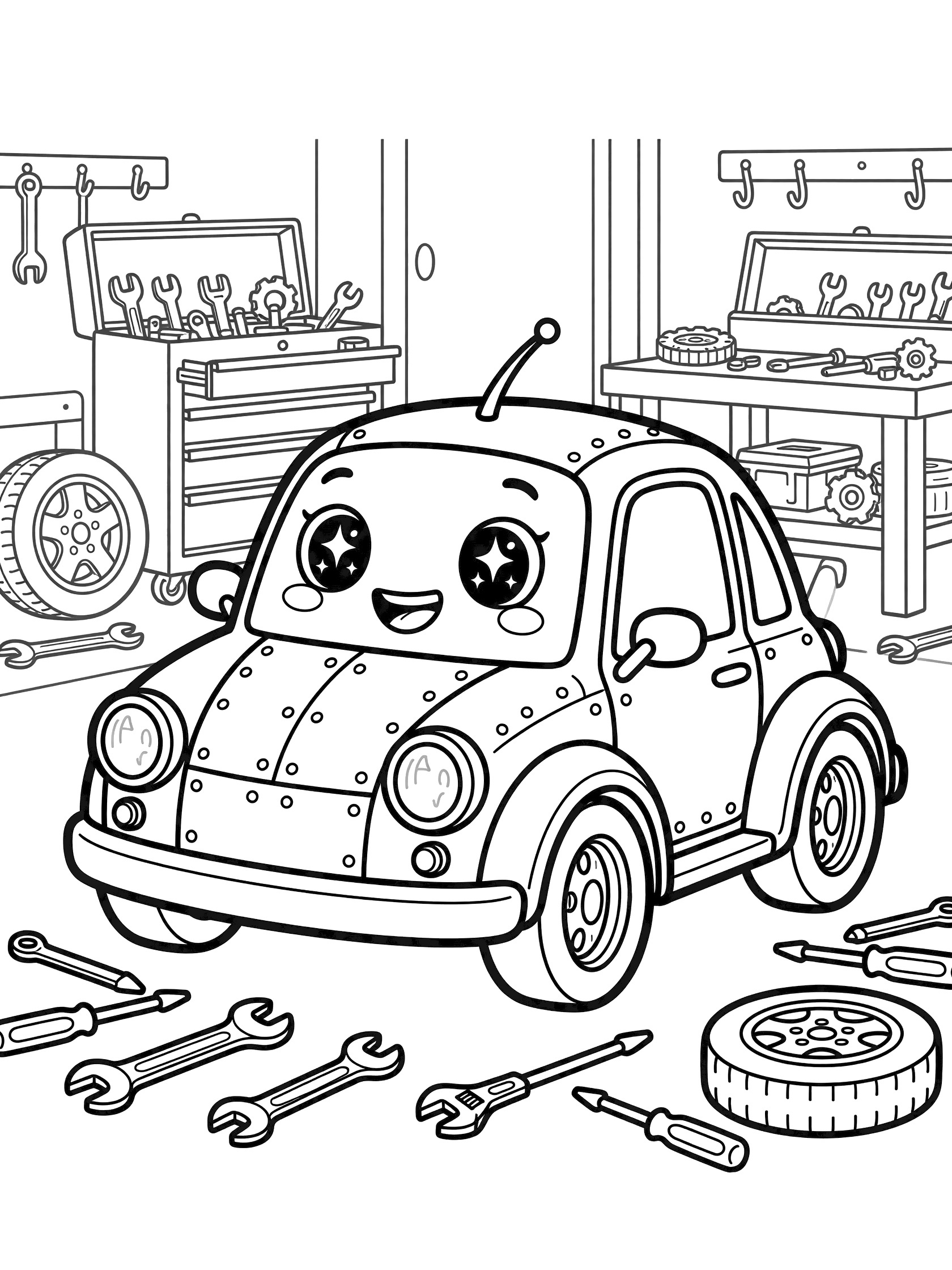 Black and white line art of a kawaii custom kit car with big eyes, open grin, antenna, bolts, and panels in a garage with scattered wrenches, screwdrivers, spare wheels, toolboxes, and workbench.