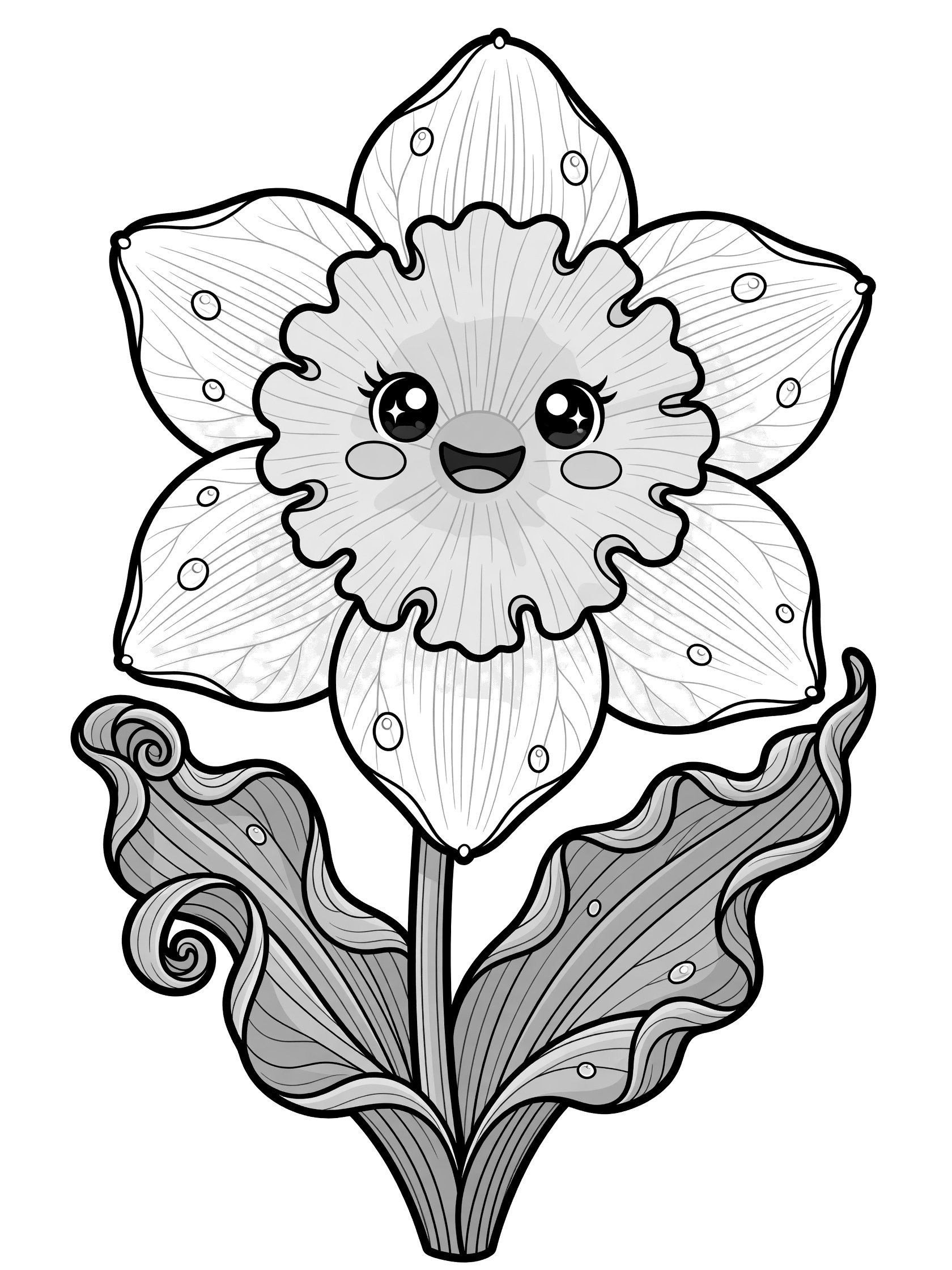 Black and white kawaii close-up of a daffodil flower with cute face, big eyes, rosy cheeks outline, smiling golden trumpet, layered ruffled petals, dew drops, curly leaves, and stem.
