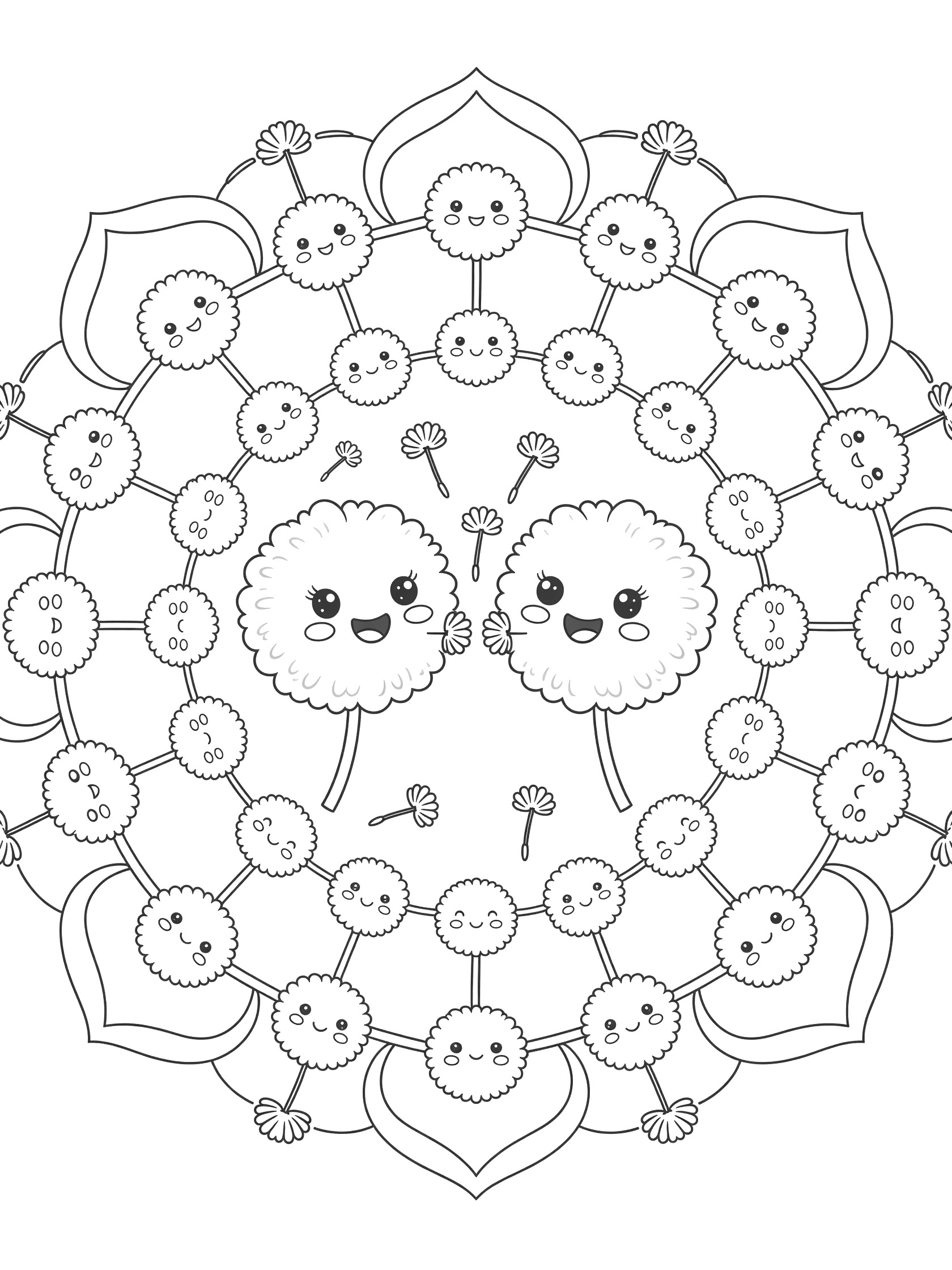 Black and white kawaii dandelion mandala coloring page showing two central fluffy dandelions with big eyes and smiles blowing seeds, surrounded by smaller dandelion friends in a circular pattern.