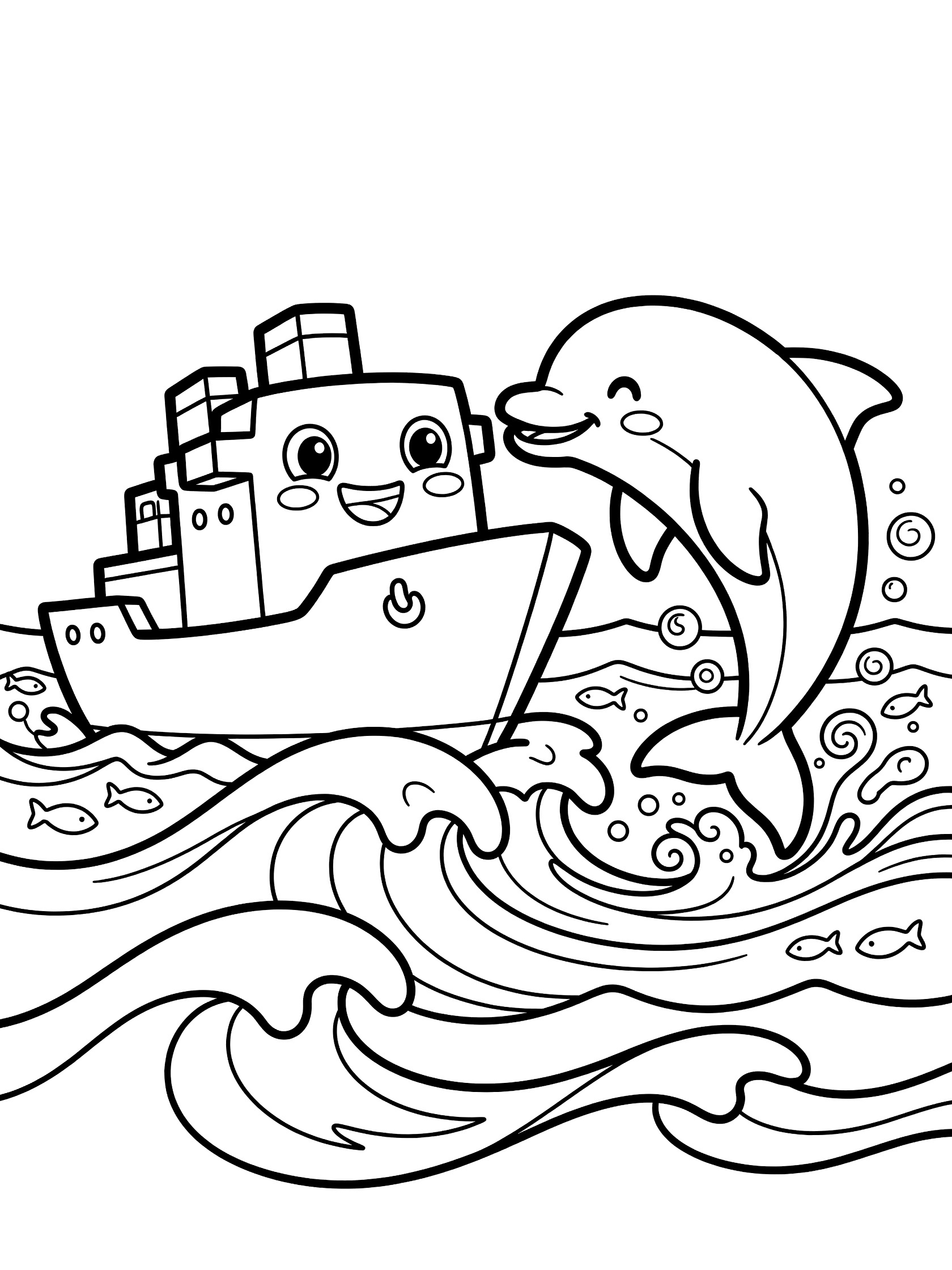 Cute destroyer ship with round eyes, rosy cheeks outline, and cheerful dolphin jumping from waves, touching noses in friendship, with underwater bubbles and fish.