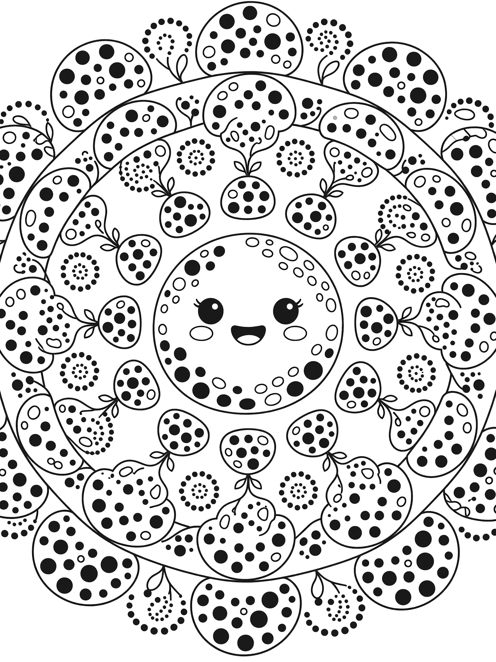 Black and white line art of a cute dotty pebble mandala coloring page with central smiling pebble face surrounded by symmetrical dot clusters, small pebbles, and vine patterns.