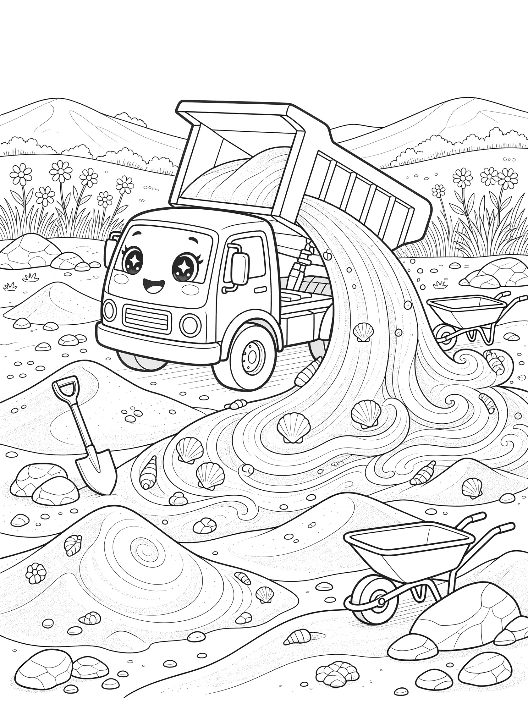 Cute dump truck with big sparkling eyes and happy grin tilting bed to pour sand into swirly piles with pebbles and seashells, shovel, wheelbarrow, rocks, grassy hills, and flowers.